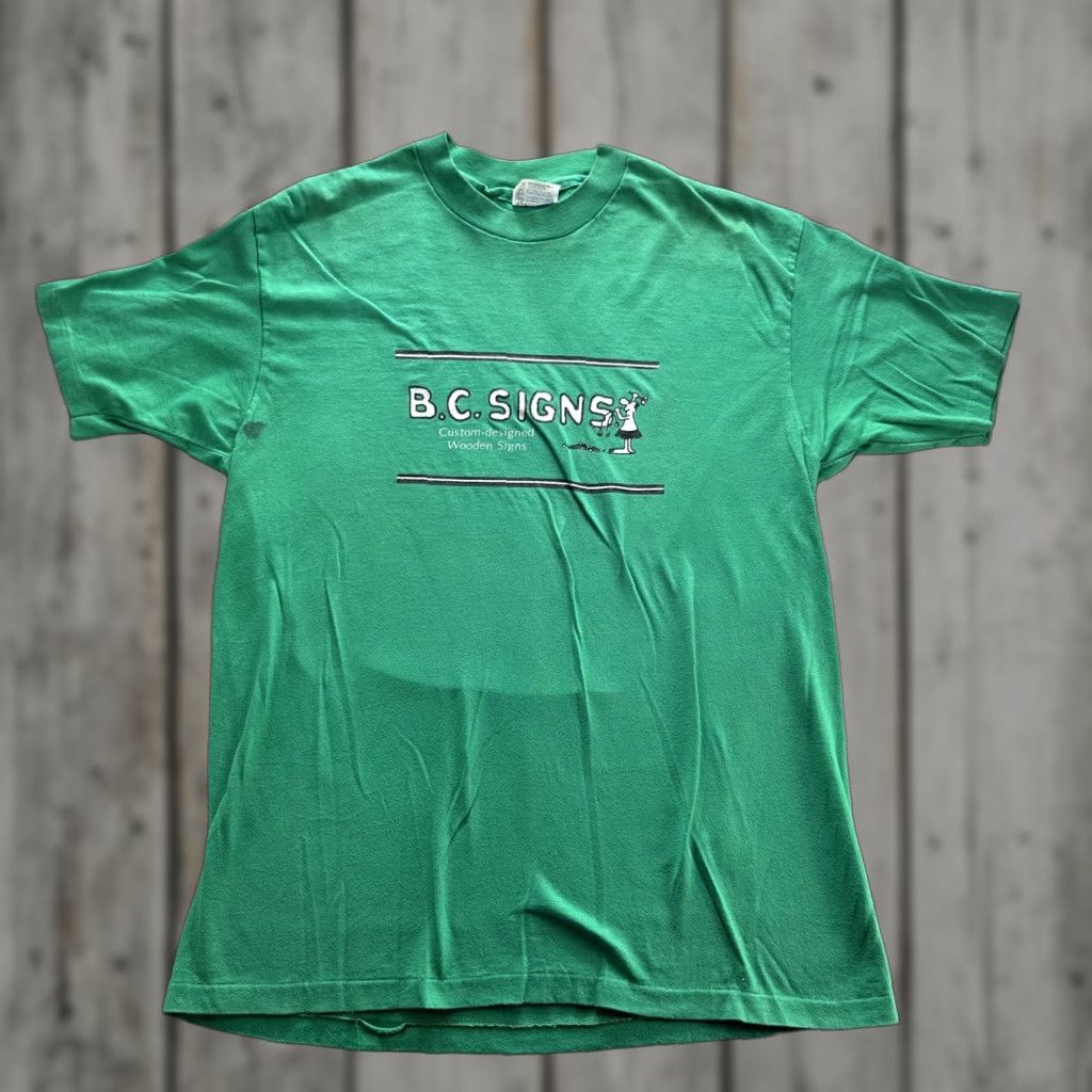 Hanes VINTAGE Hanes Shirt Mens XL Green B.C. SIGNS Graphic 50/50 Made USA Crew Neck Short Sleeve 80s Promo Tee Size US XL / EU 56 / 4 - 1 Thumbnail