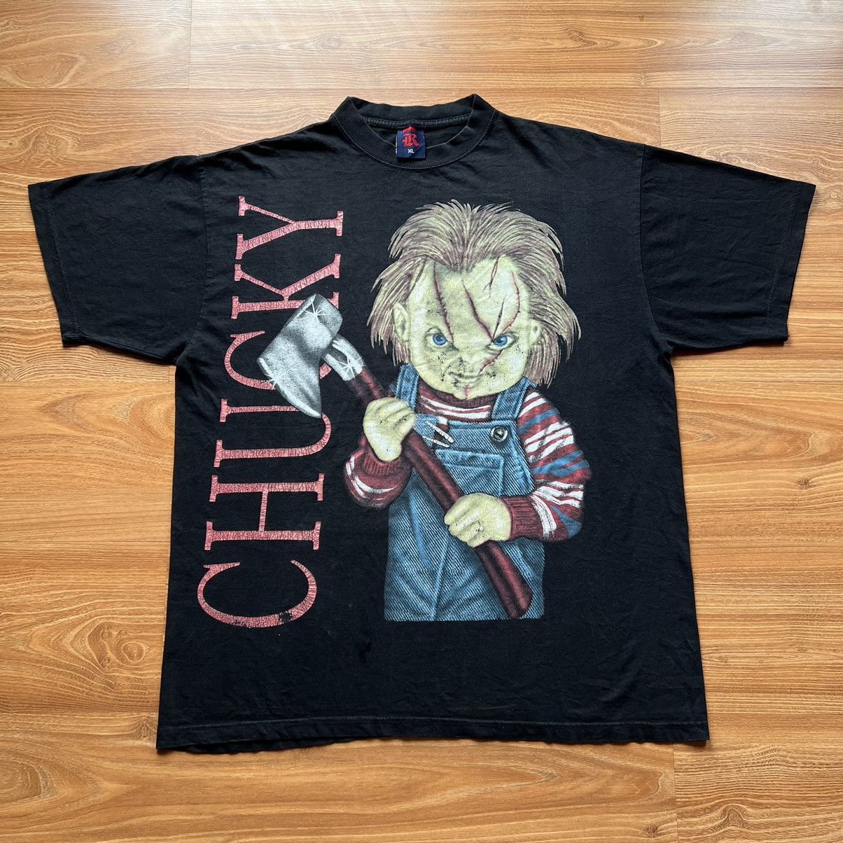 image of Vintage 90's Chucky Horror Movie Big Print T Shirt in Black, Men's (Size XL)