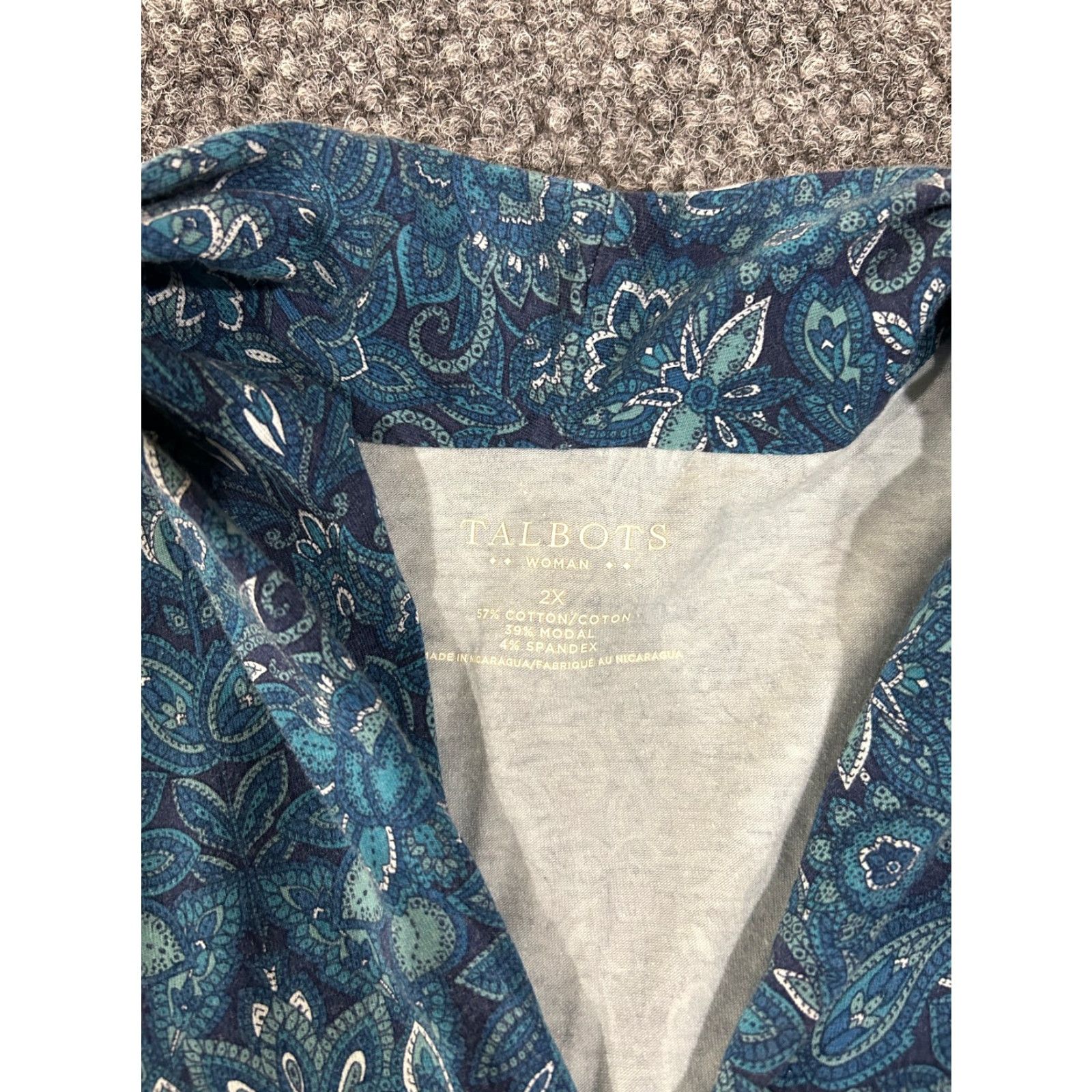 Talbots Talbots Blouse Womens 2X Blue Paisley V-Neck Stretch Casual Long Sleeve Cotton Modal Spandex Down-Blend Regular Size XXL / US 16-18 / IT 52-54 - 3 Thumbnail