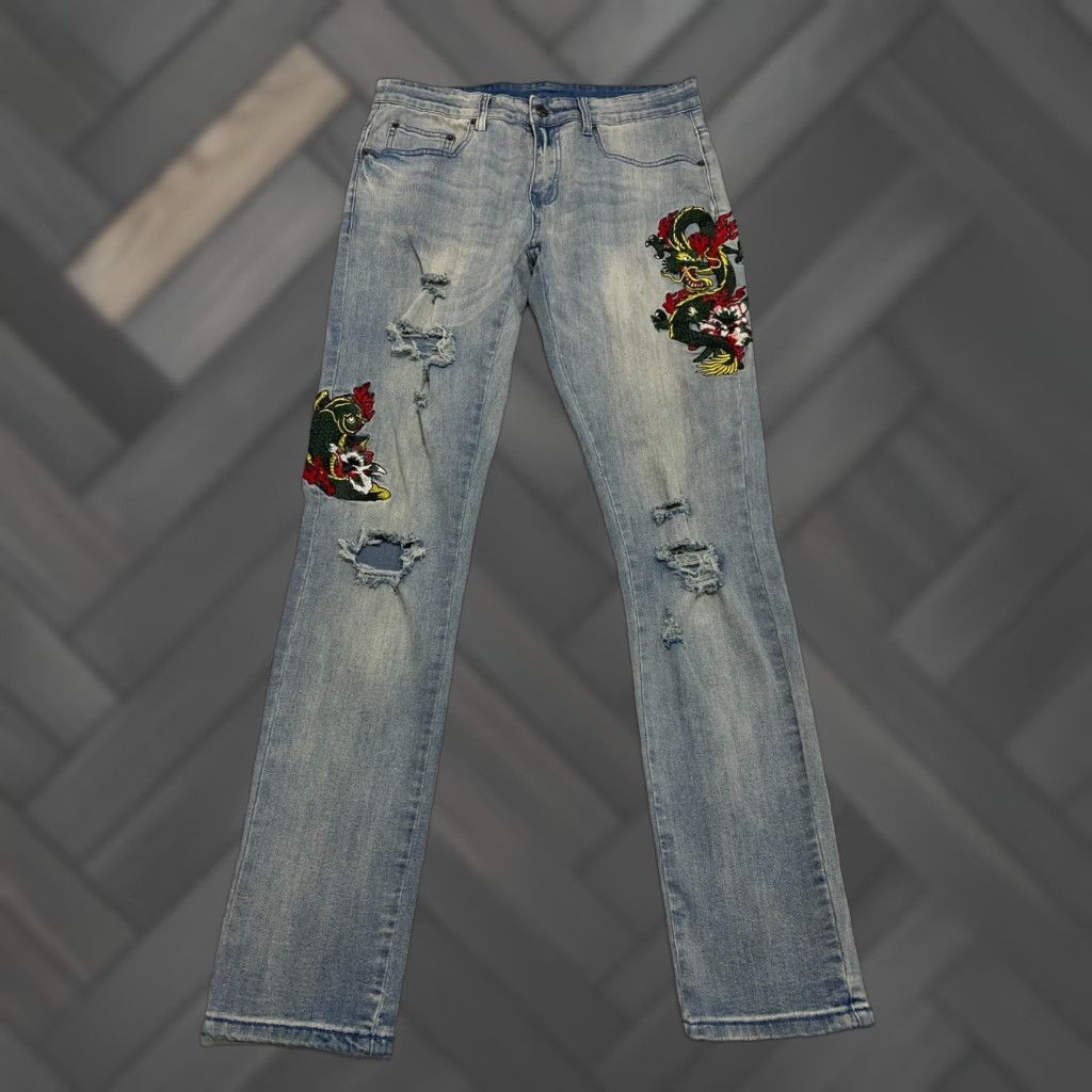 Vintage Y&R Young Reckless Jeans Mens 30 Blue Distressed 5-Pocket Denim Skinny Slim Patch Embroidered Casual Streetwear Distressed Jeans Men 30 Blue Size US 31 - 1 Thumbnail