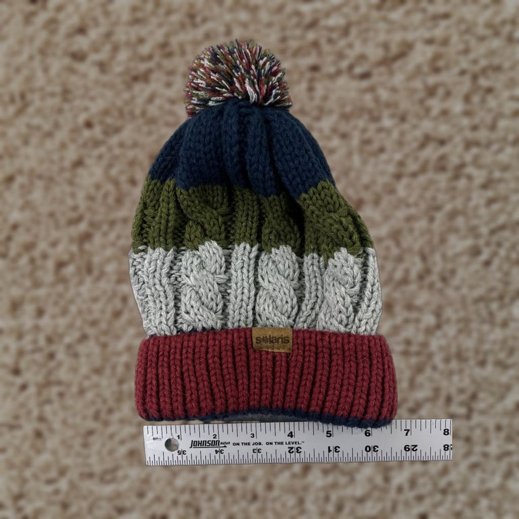 Vintage Solaris Beanie Adult One Size Gray Stripe Twisted Cable Knit Acrylic Ski Pom Beanie Women Holiday Accessories Size ONE SIZE - 1 Thumbnail