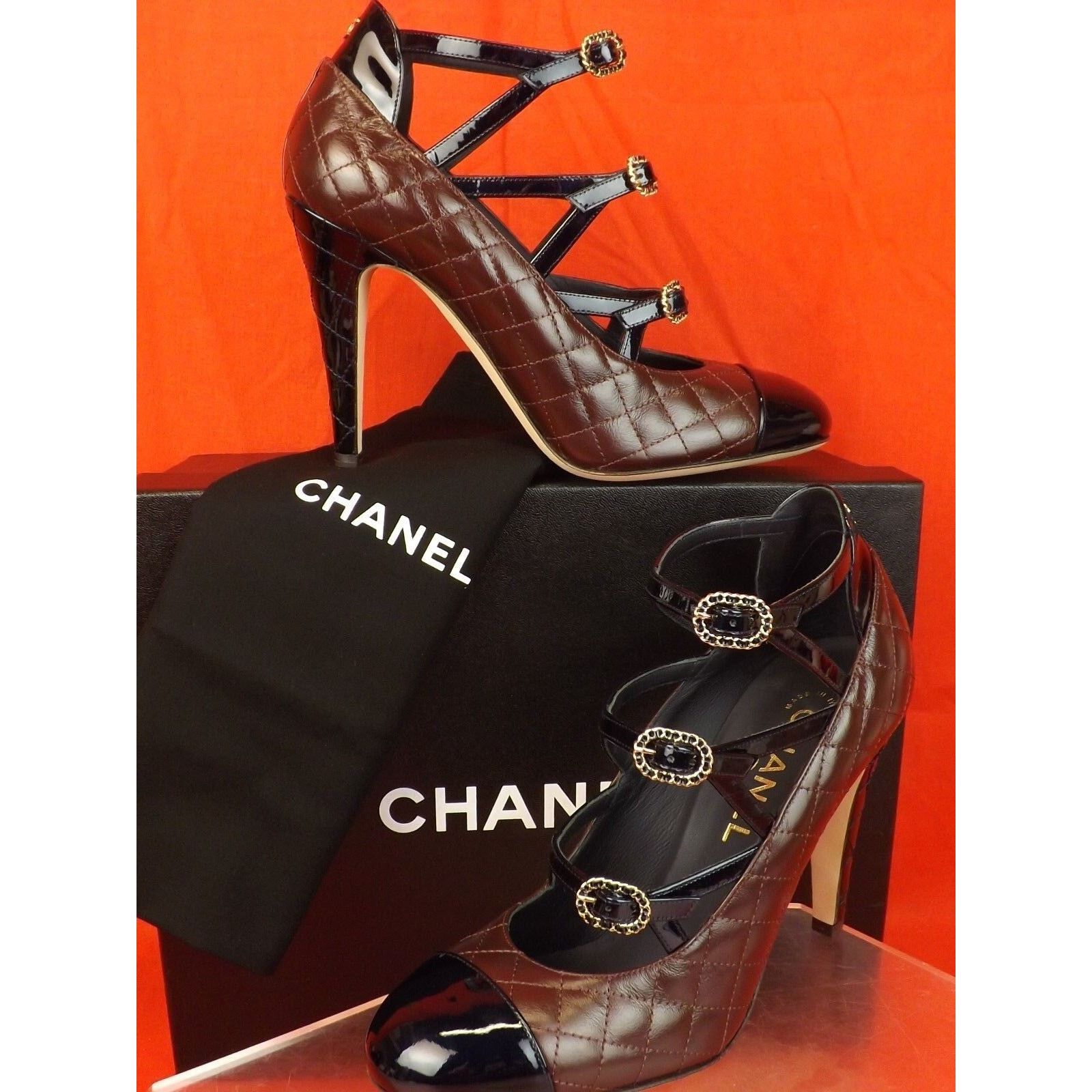 CHANEL BURGUNDY QUILTED LEATHER CC LOGO BUCKLES PUMPS 38.5