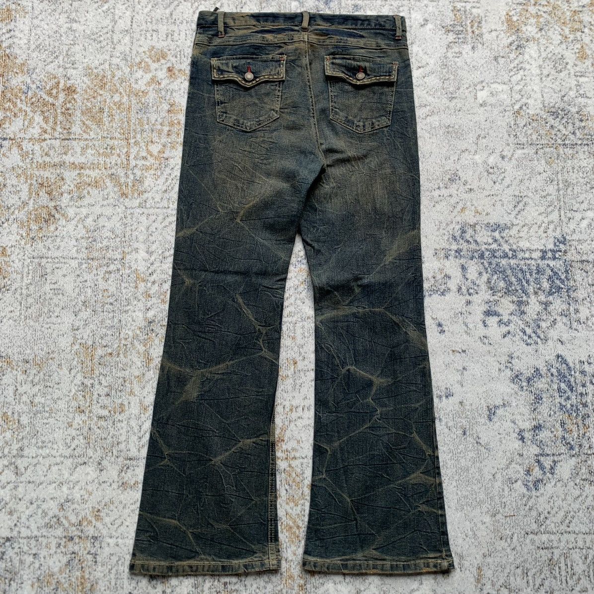 Vintage 2000s Japanese Brand Mud Wash Distressed Flared Jeans Size US 32 / EU 48 - 5 Thumbnail