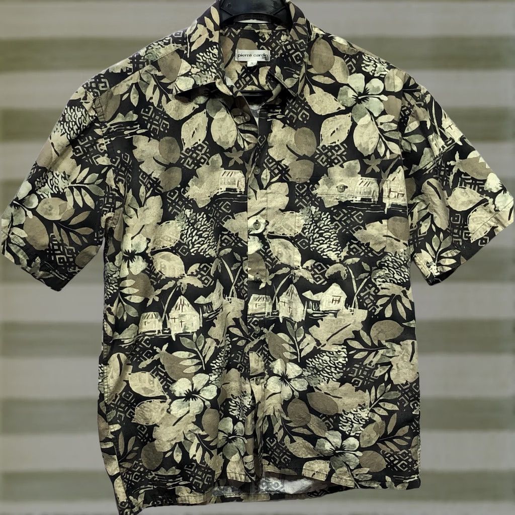 Pierre Cardin VINTAGE Pierre Cardin Hawaiian Shirt M Brown Cotton Button-Up Short Sleeve Beach Luau Tiki Surf Floral Pattern Mens - 90s Size US M / EU 48-50 / 2 - 1 Thumbnail