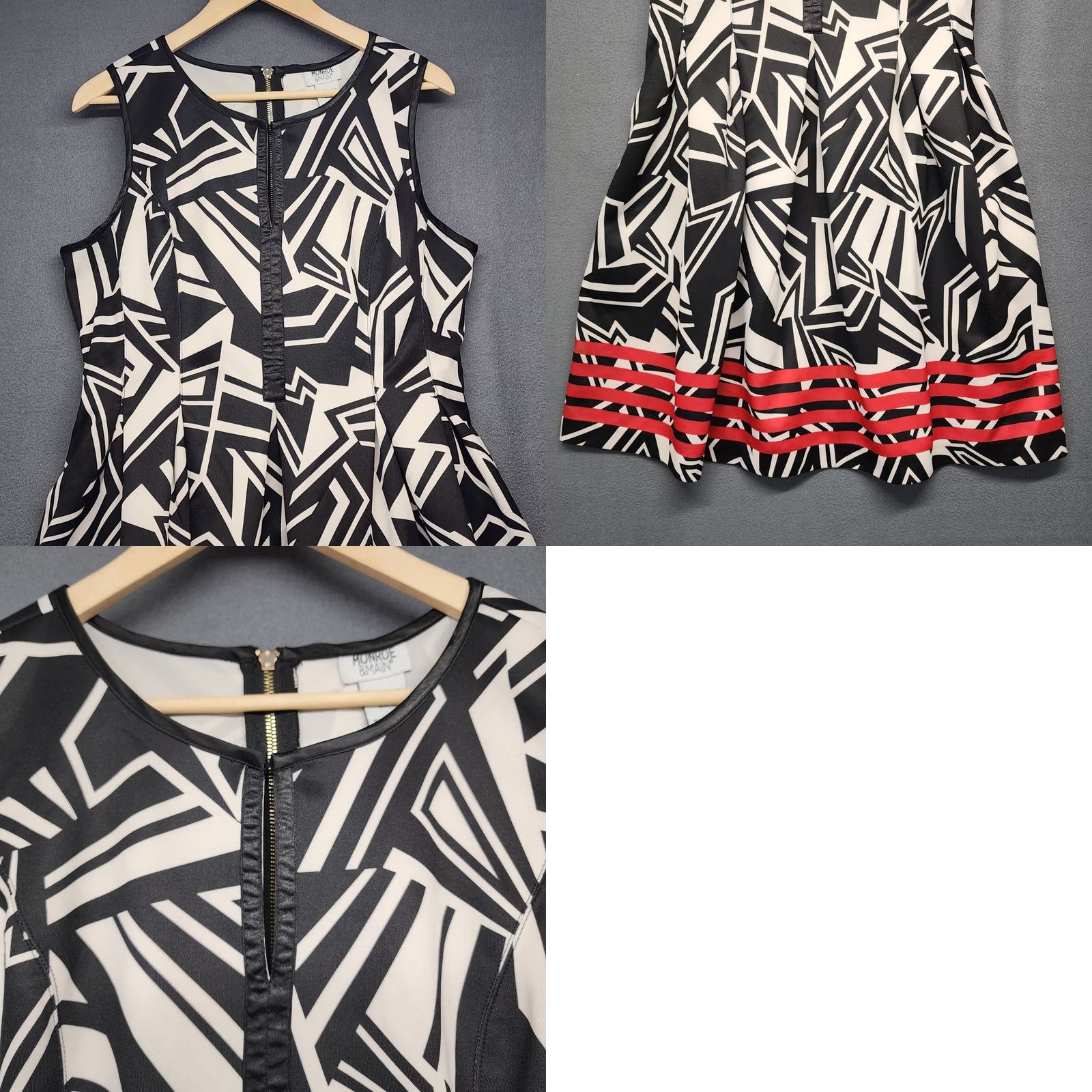 Vintage Monroe & Main Dress Womens 16 Black White Geometric Fit Flare Sleeveless Red Hem Midi Plus Women Size XXL / US 16-18 / IT 52-54 - 8 Thumbnail