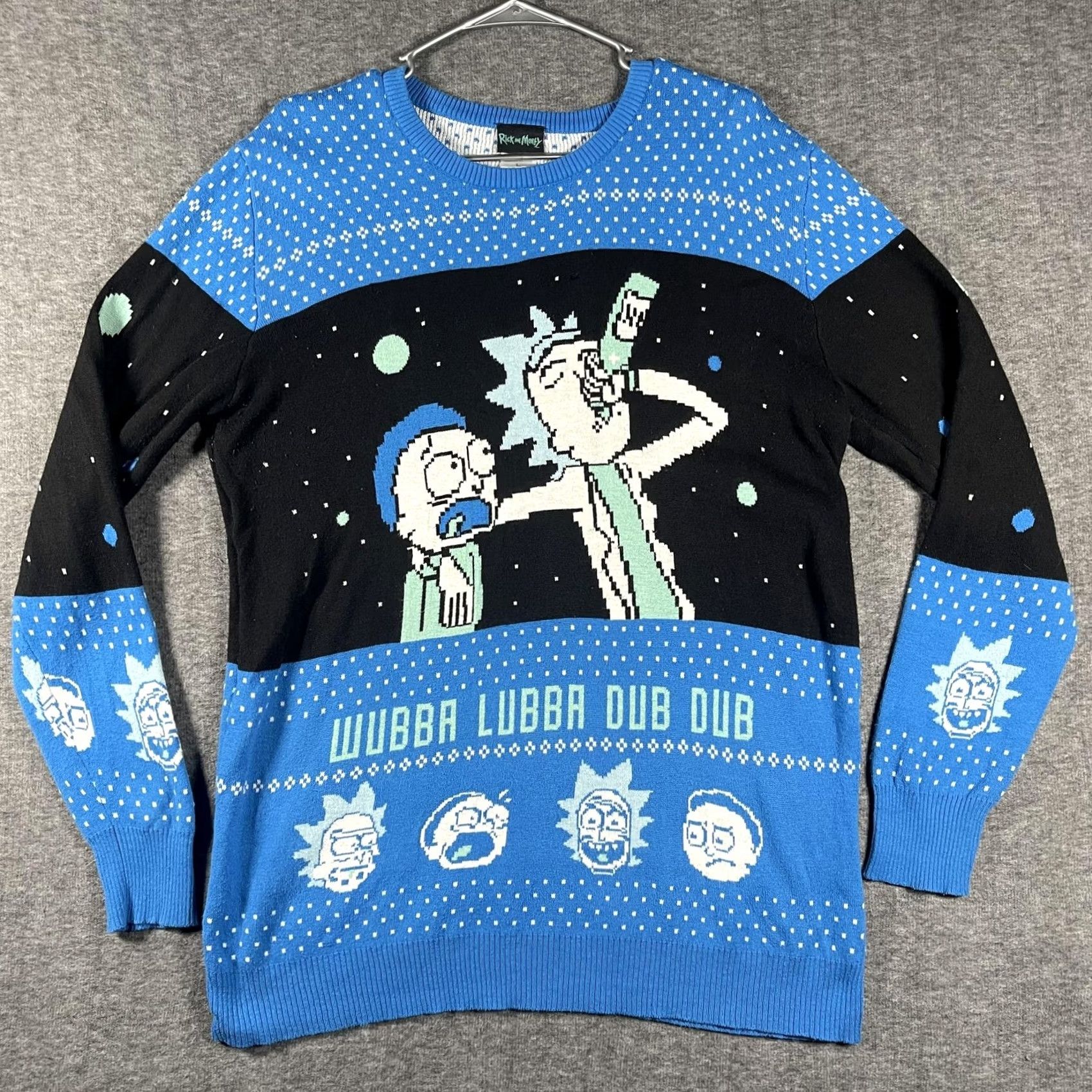 Vintage Rick and Morty Sweater Mens Large Blue Black Graphic Print Crew Neck Pullover Wubba Lubba Dub Dub Knit Wool Cotton Mix Size US L / EU 52-54 / 3 - 2 Thumbnail