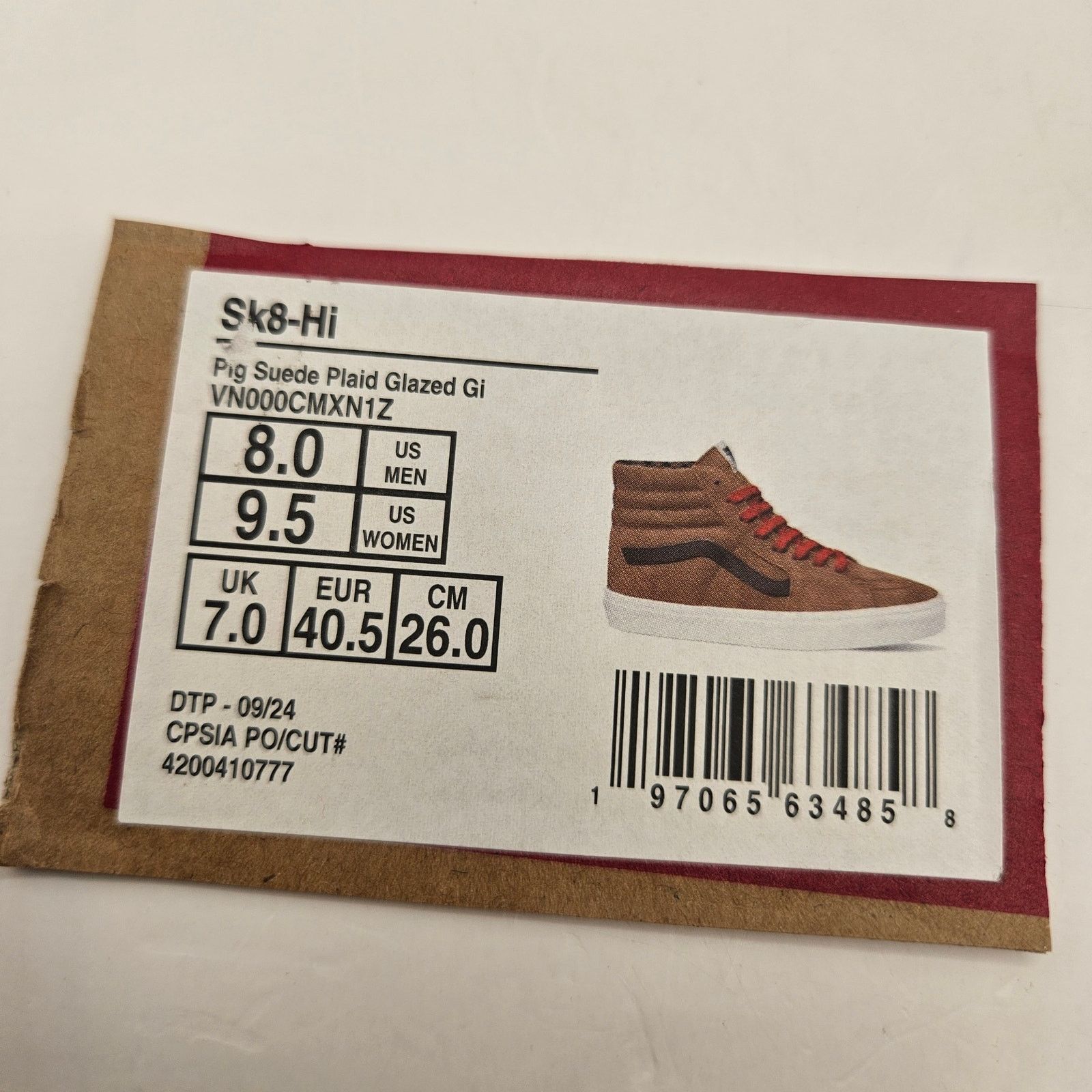 Vans VANS MEN'S 8 SK8 HI PIG SUEDE PLAID GLAZED GINGER BROWN NWOB Size US 8 / EU 41 - 2 Thumbnail