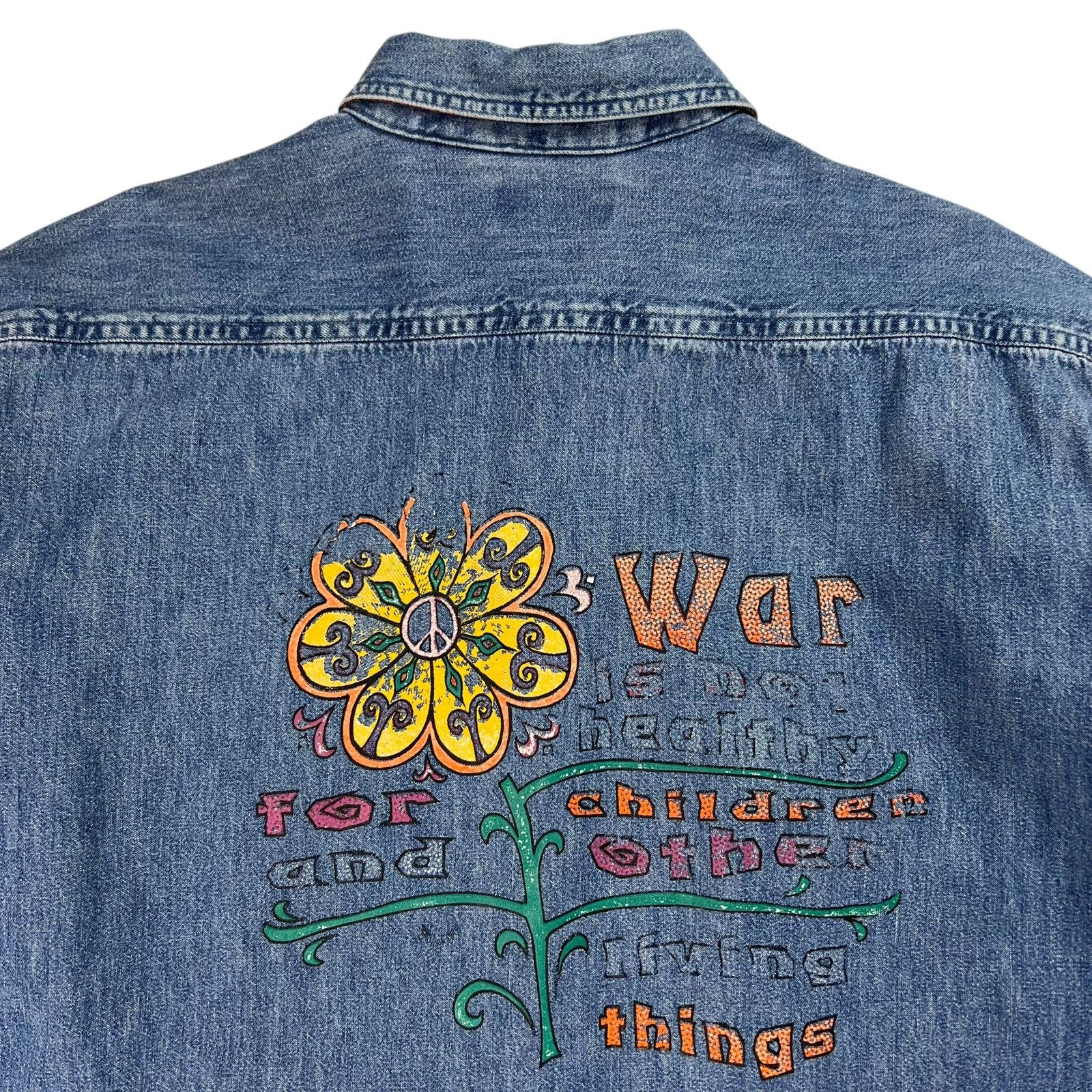L.L. Bean × Vintage Vintage 90s War is not healthy for children... denim shirt Size US L / EU 52-54 / 3 - 3 Thumbnail