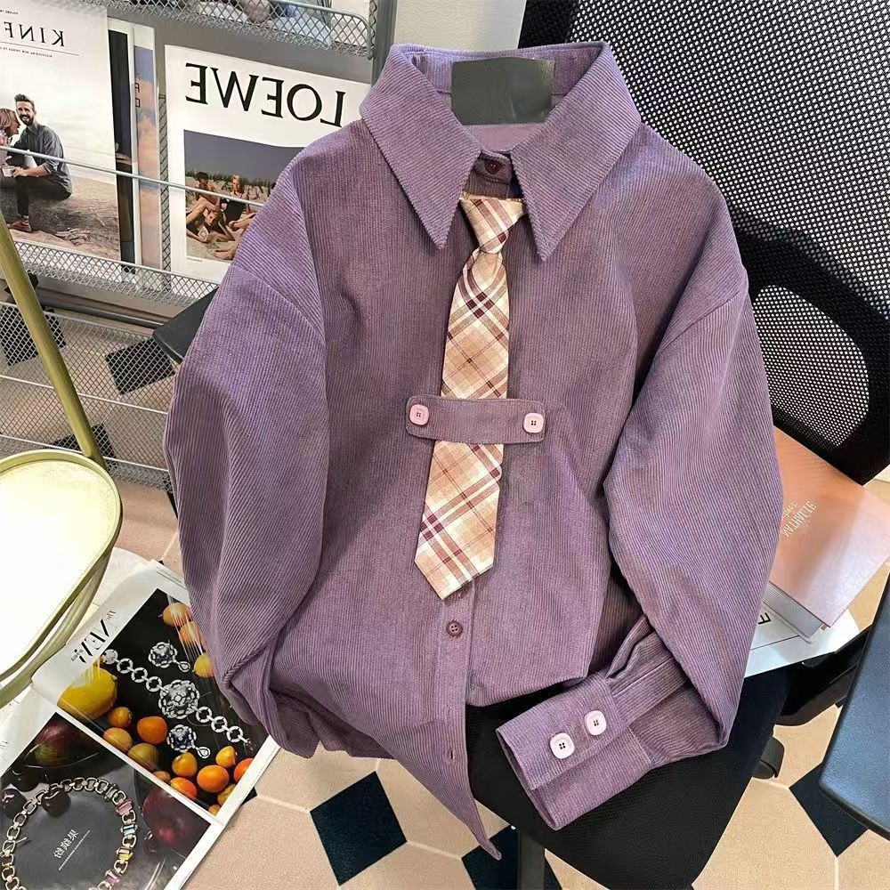 Vintage Purple Corduroy Fake Two-Piece Tie Shirt Size US M / EU 48-50 / 2 - 1 Thumbnail