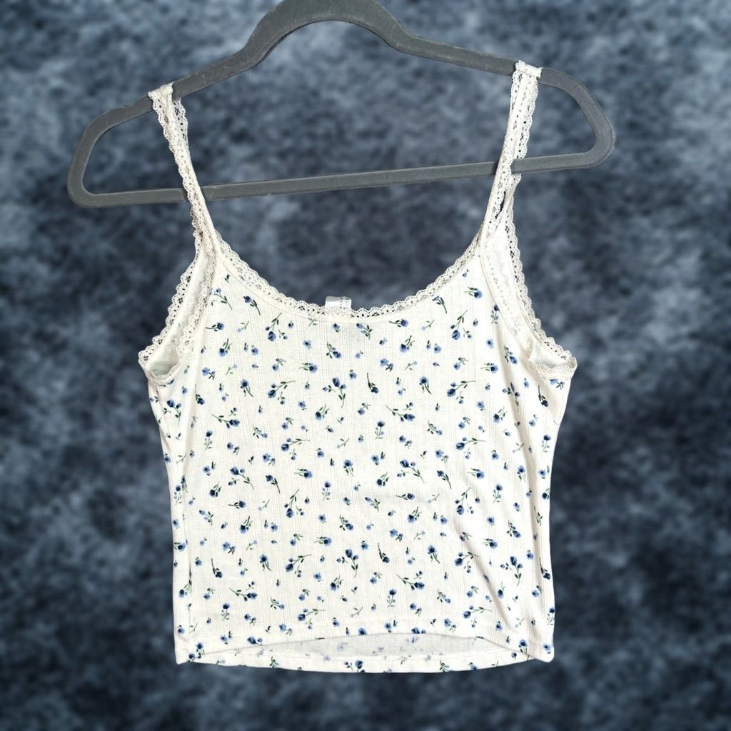 H&M H&M Divided Womens Tank Top Cropped Floral Lace Trim White Cotton Polyester Medium Shirt Adult Womens Velcro? Size M / US 6-8 / IT 42-44 - 1 Thumbnail