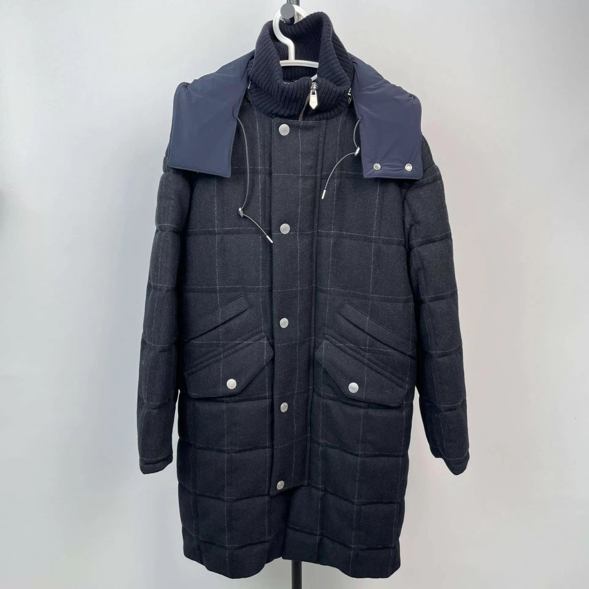 Hermes Blue Quilted Checked Long Coat Size M Size US M / EU 48-50 / 2 - 1 Thumbnail