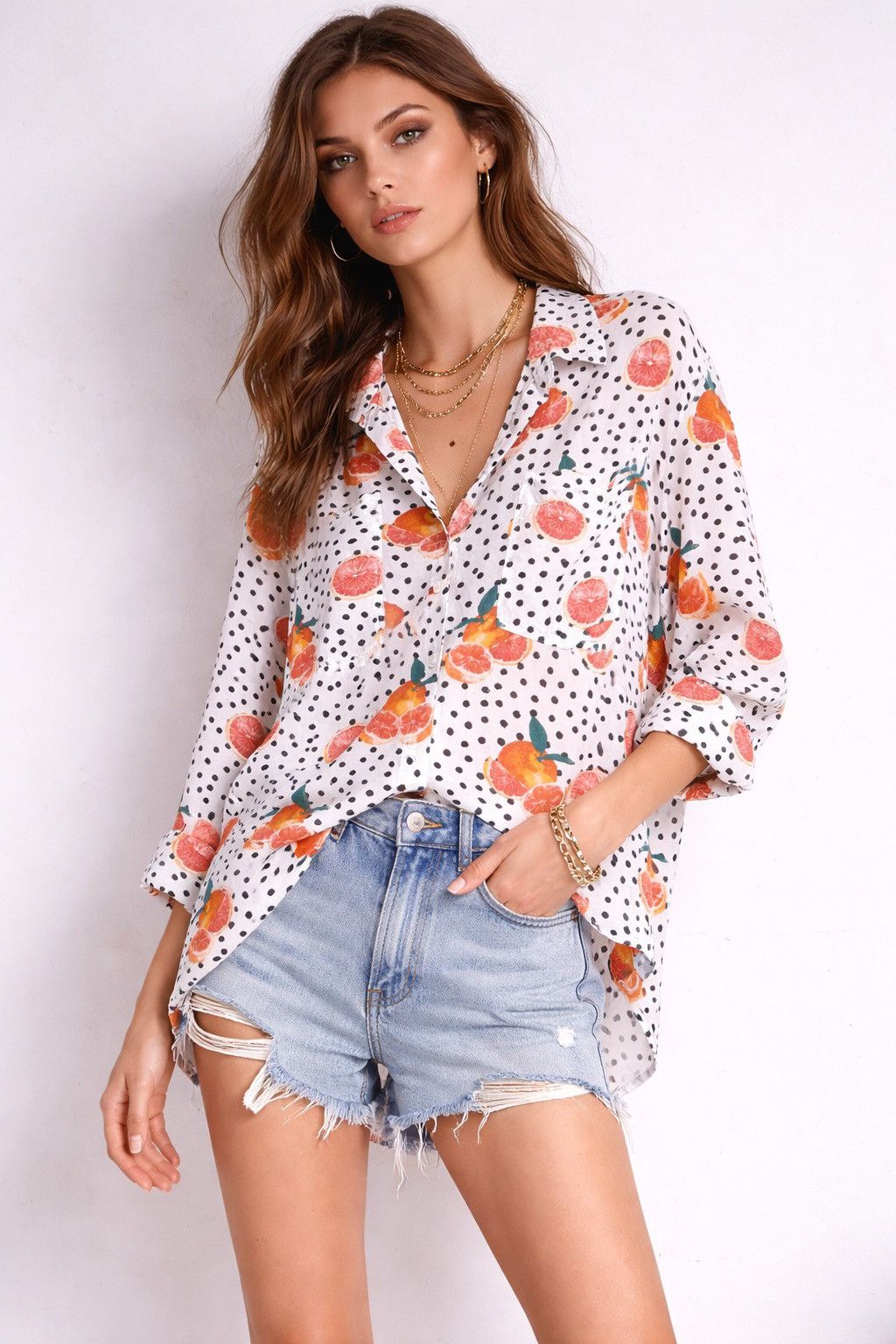 Vintage viscose blouse/shirt with polka dot & citrus print XL Size XL / US 12-14 / IT 48-50 - 2 Thumbnail