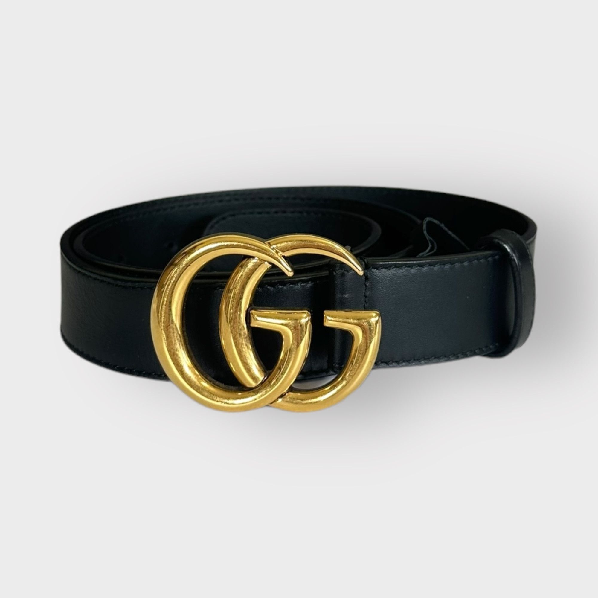 image of Gucci Belt Marmont Black Leather Golden Buckle Classic Gg, Women's