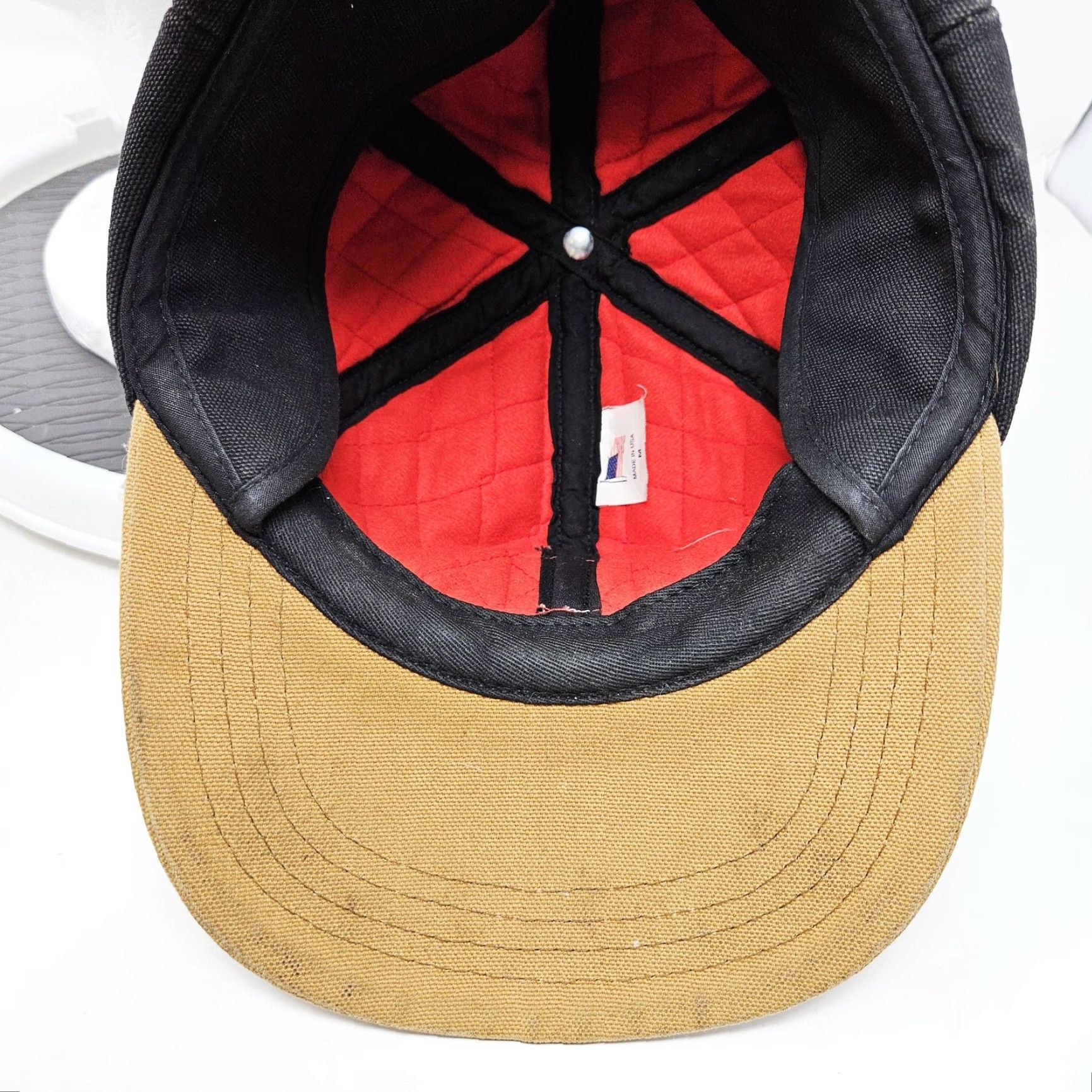 Carhartt VINTAGE Carhartt Hat Cap Fitted Mens M Black Canvas Tan Brim Insulated USA Workwear Size ONE SIZE - 7 Thumbnail