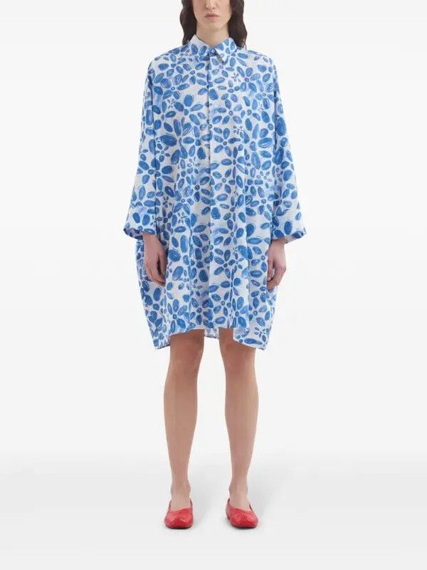 Marni o1w1db11125 Floral-Print Shirt Dress in Blue Size L / US 10 / IT 46 - 2 Thumbnail