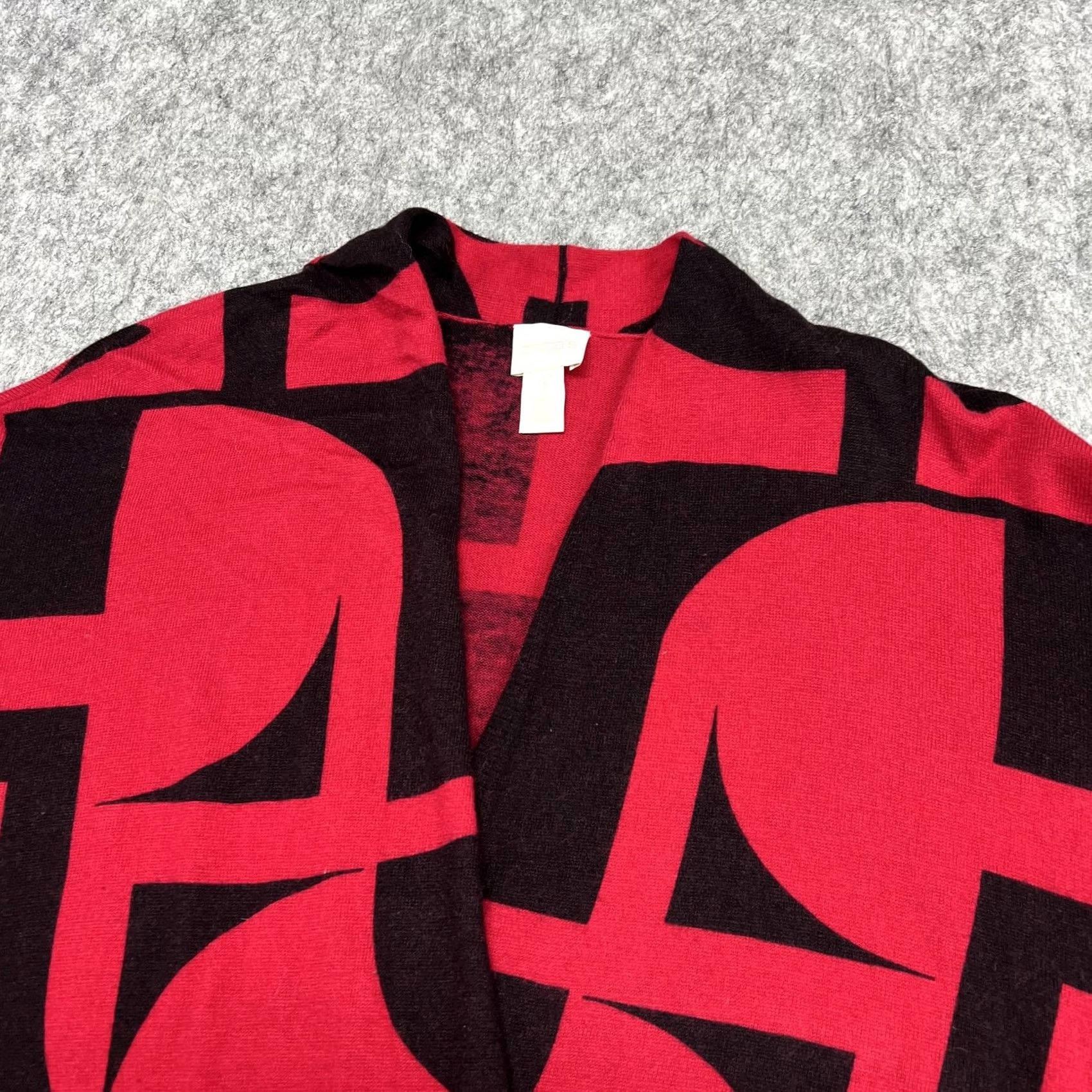 Vintage Chicos Cardigan Sweater Womens 1 Red Black Geometric Print Open Front Knit Prep Size XS / US 0-2 / IT 36-38 - 4 Thumbnail