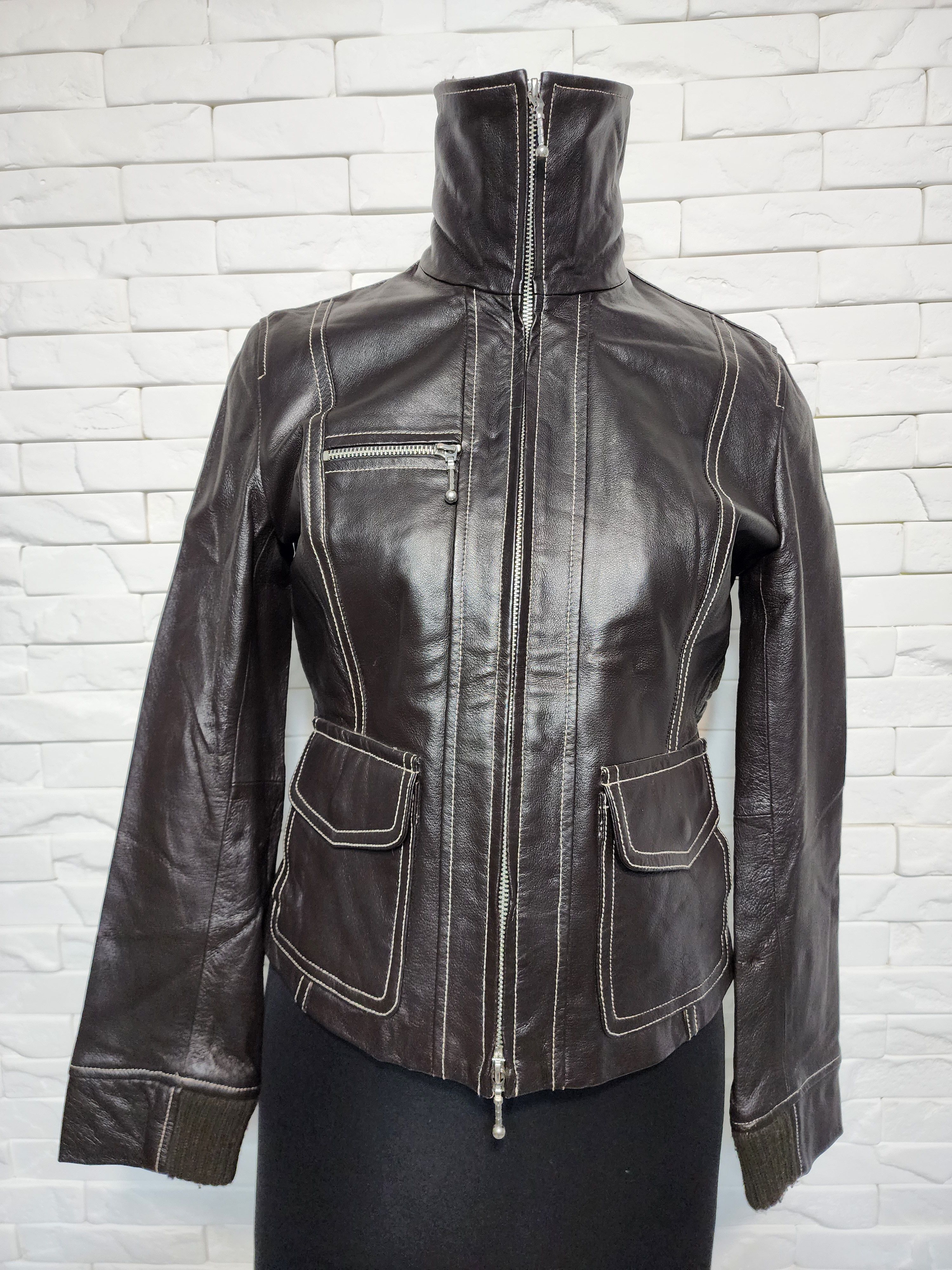 Genuine Leather Brown Leather Jacket: Women's Zip-Up Moto Style Size M / US 6-8 / IT 42-44 - 2 Thumbnail