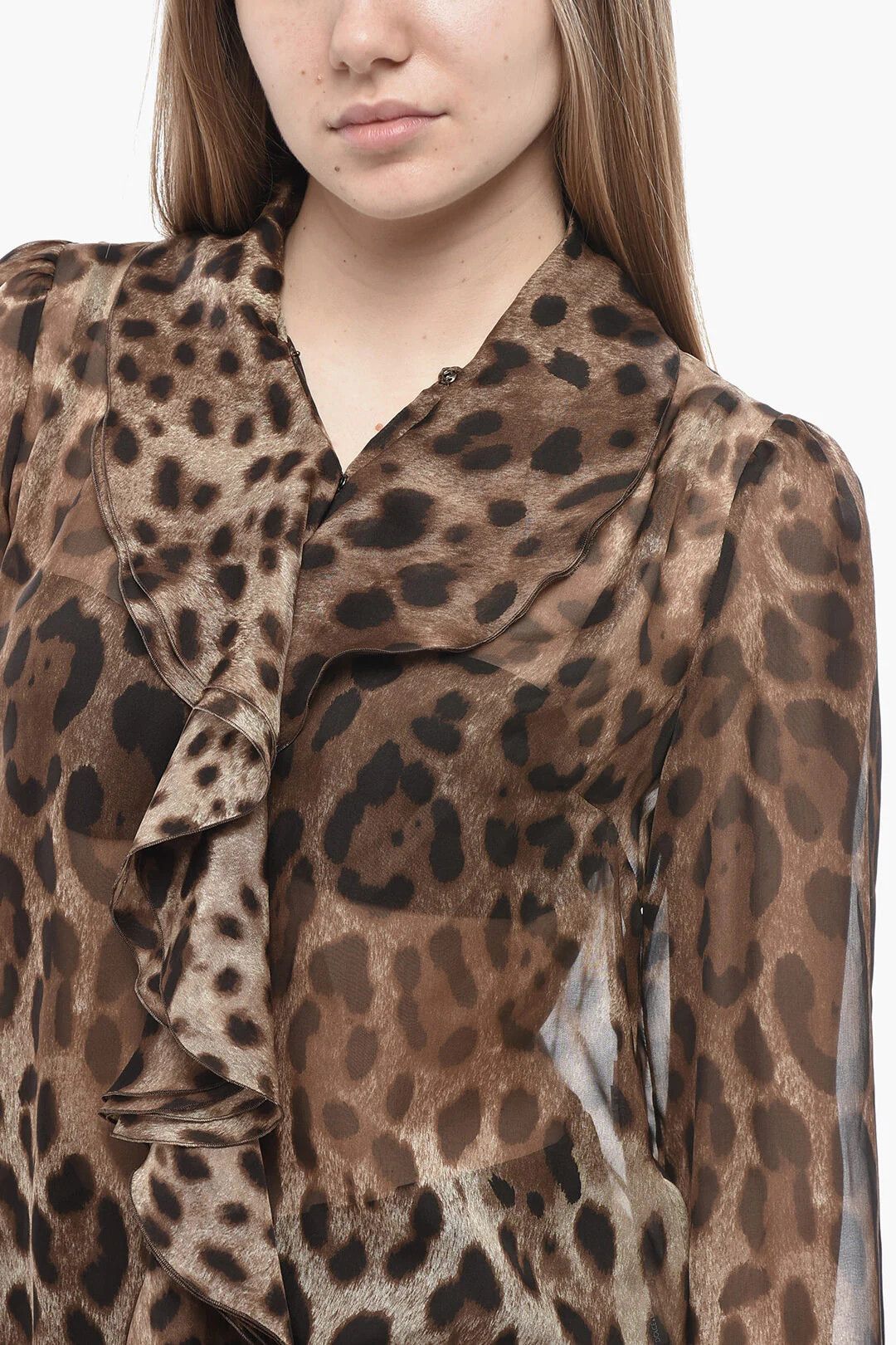 Dolce & Gabbana og1mm0426 Silk Ruffle-Front Blouse in Brown Size XS / US 0-2 / IT 36-38 - 3 Thumbnail