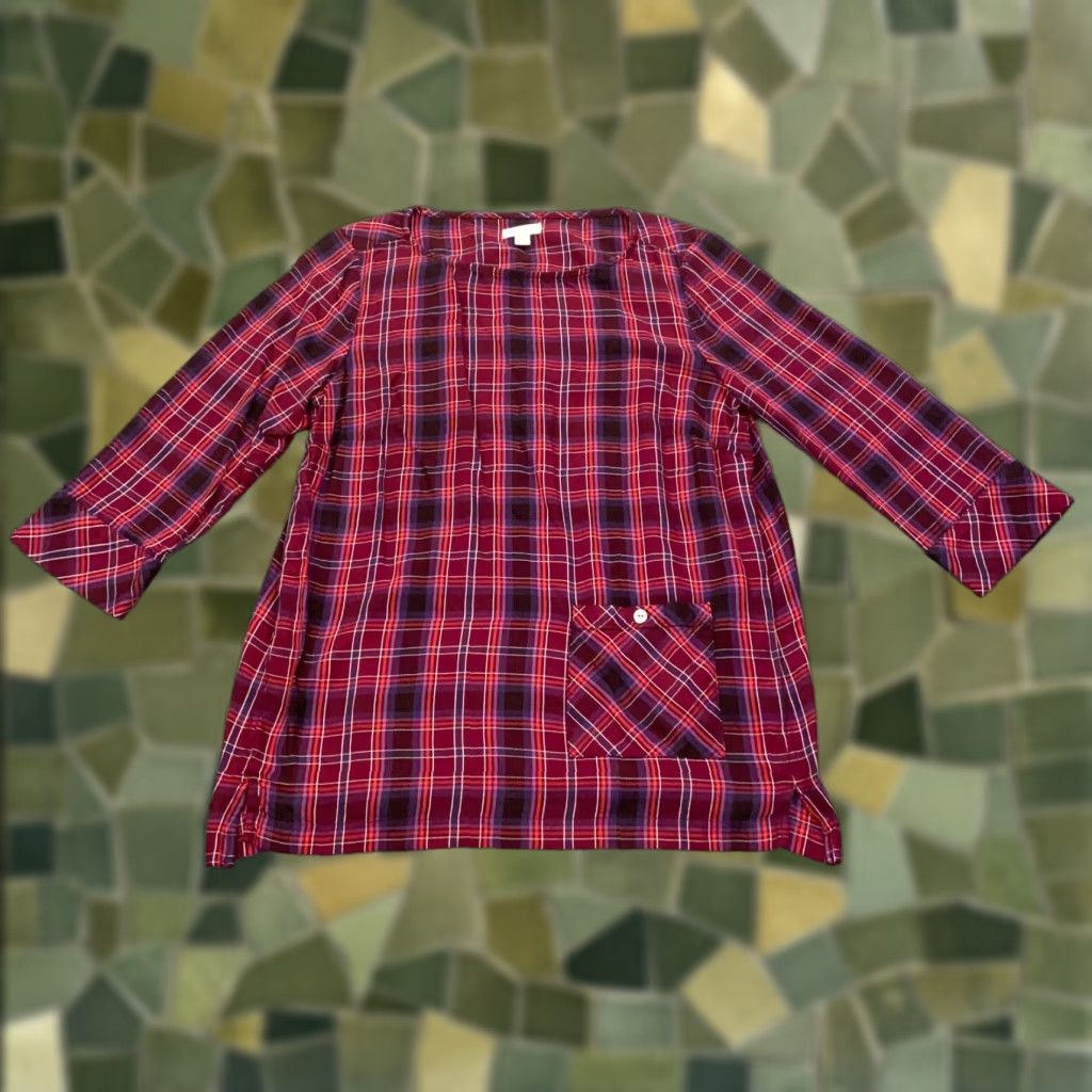 J. Jill J Jill Shirt Women Blouse Tunic 3/4 Sleeve Red Plaid Pocket Rayon S Womens Size S / US 4 / IT 40 - 1 Thumbnail
