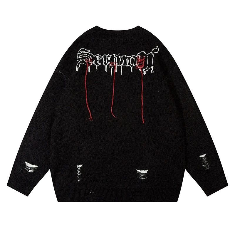 Japanese Brand Skull print sweater knitted oversize pullover with holes Size US L / EU 52-54 / 3 - 2 Thumbnail