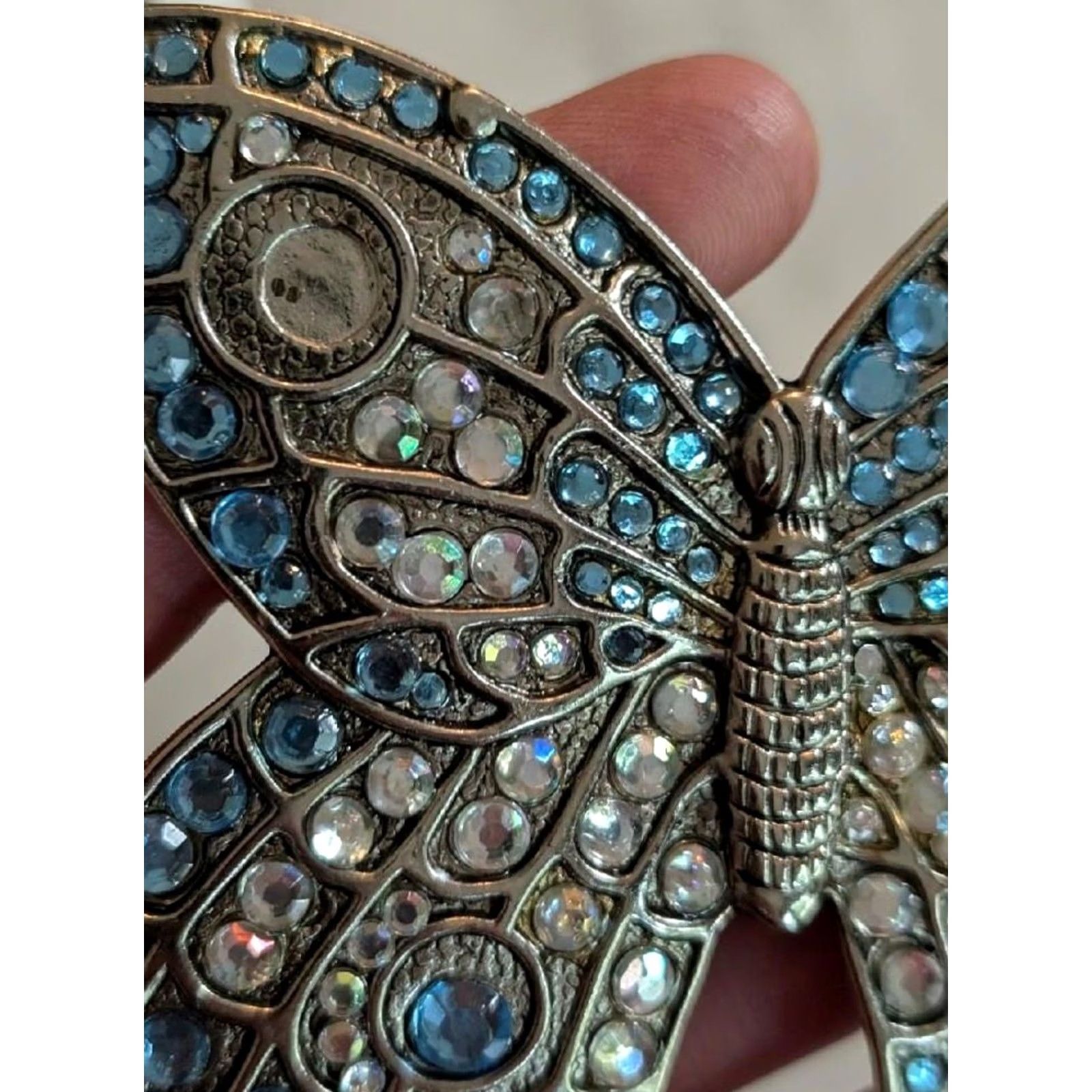 Vintage VINTAGE Butterfly Belt Buckle RHINESTONE Western Studded Mens 3.25x4" Blue Silver Fits 1.5" Belt max Size ONE SIZE - 4 Thumbnail