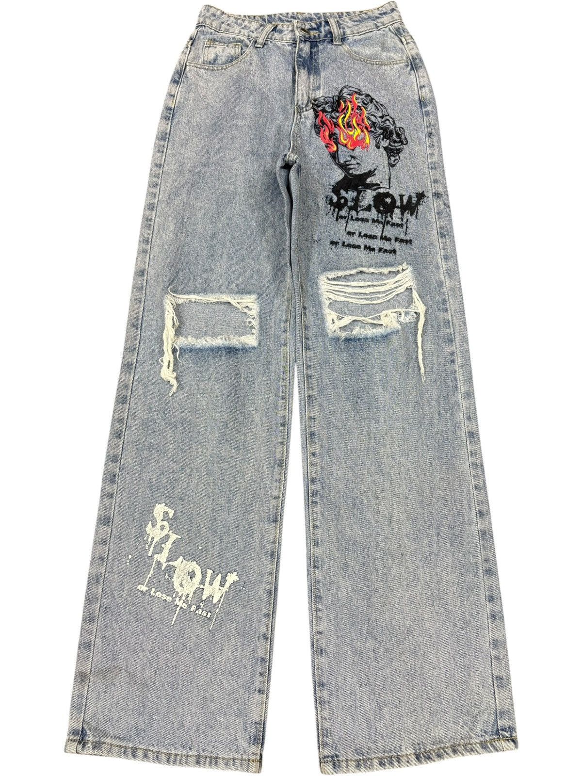 Shein Vintage Shein Flaming Jesus Printed Distressed Baggy Jeans Size 26" / US 2 / IT 38 - 1 Thumbnail