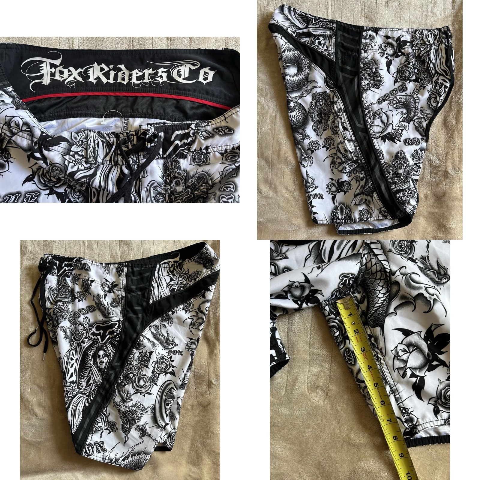 Vintage Fox Racing Y2K Style AOP Swim Trunks Mens 40 Black Polyester Drawstring Pockets Summer Surf Skate Size US 40 / EU 56 - 8 Thumbnail