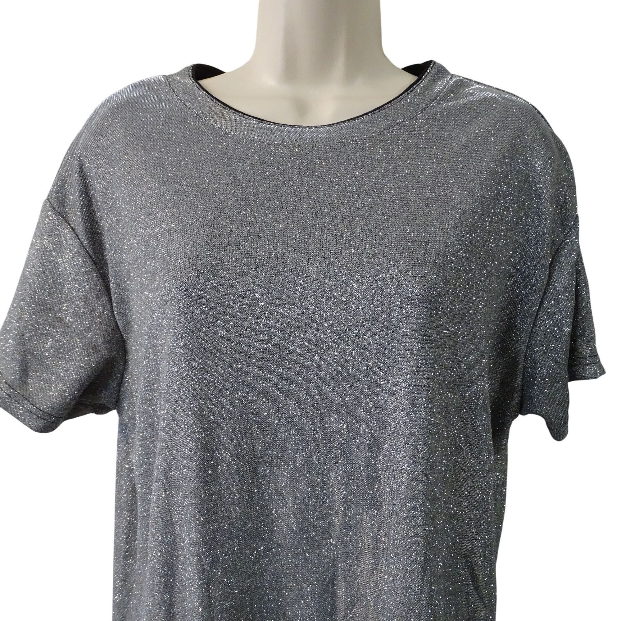 Other Grey Silver Glitter Short Sleeve Crew Neck Mini Dress Women Size M / US 6-8 / IT 42-44 - 2 Thumbnail