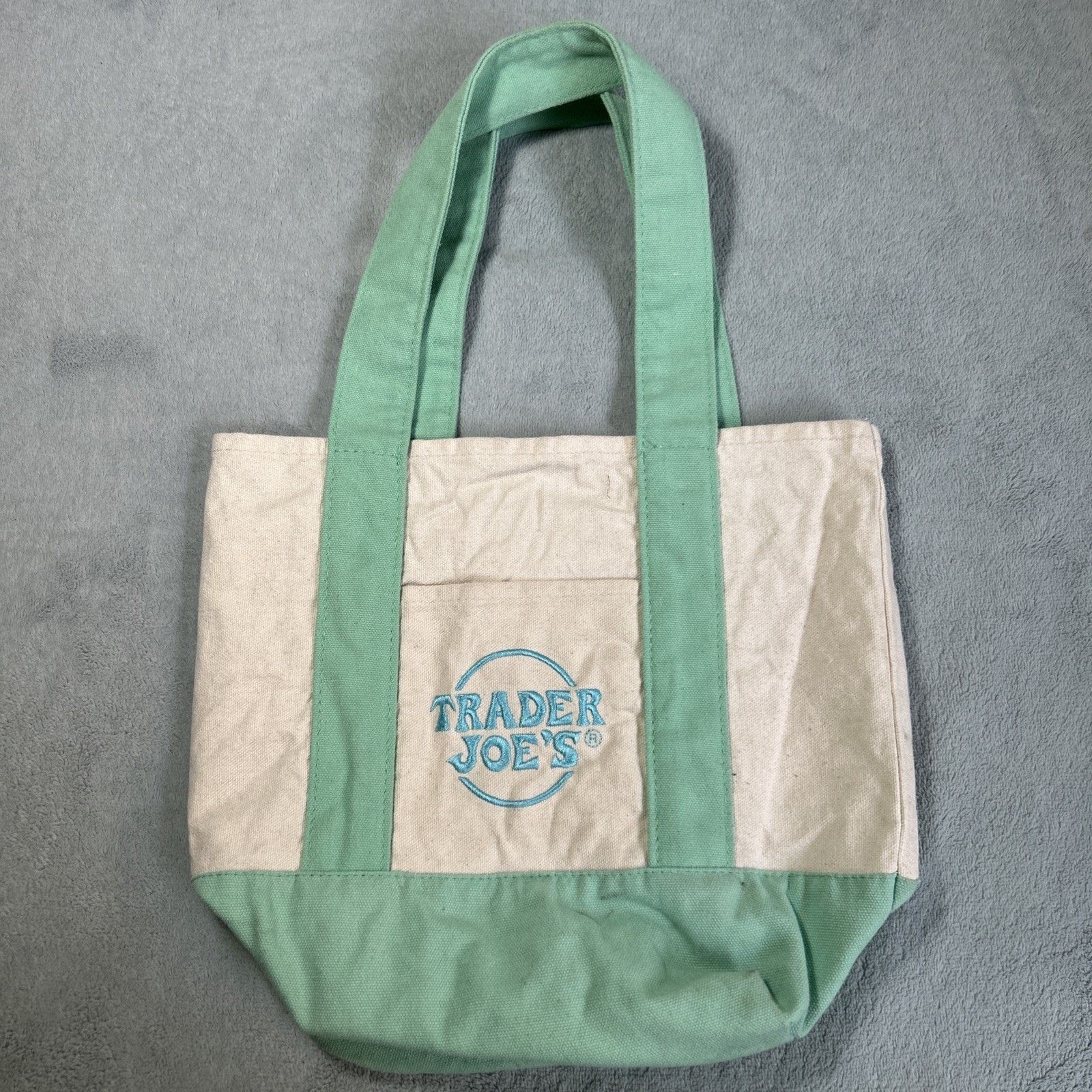 Boston Traders Trader Joes Mini Tote Bag 10x12 Teal Green Light Blue Hand Size ONE SIZE - 3 Thumbnail