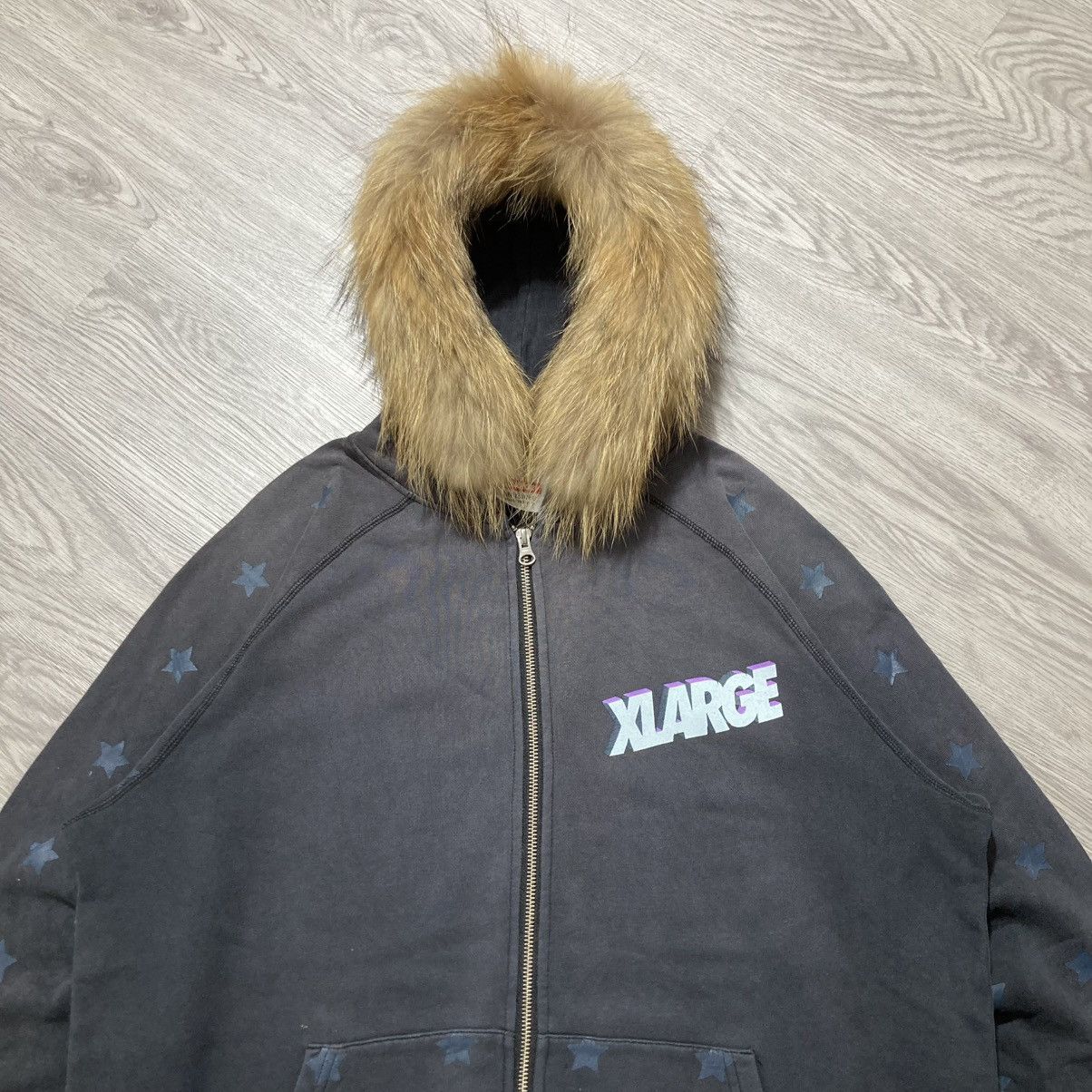 Japanese Brand Vintage Trashed Xlarge Stars Logo Fur Ziphoodie Y2k Black Size US XL / EU 56 / 4 - 2 Thumbnail
