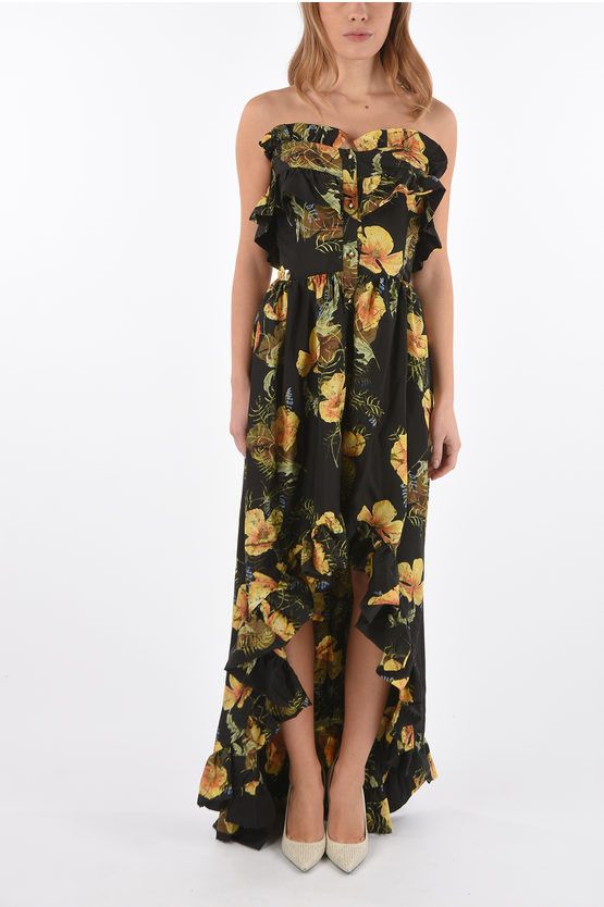 image of Philipp Plein Couture Floral-Print Silk Appeal Strapless Maxi Asymmetrical in Giallo/Nero, Women's 