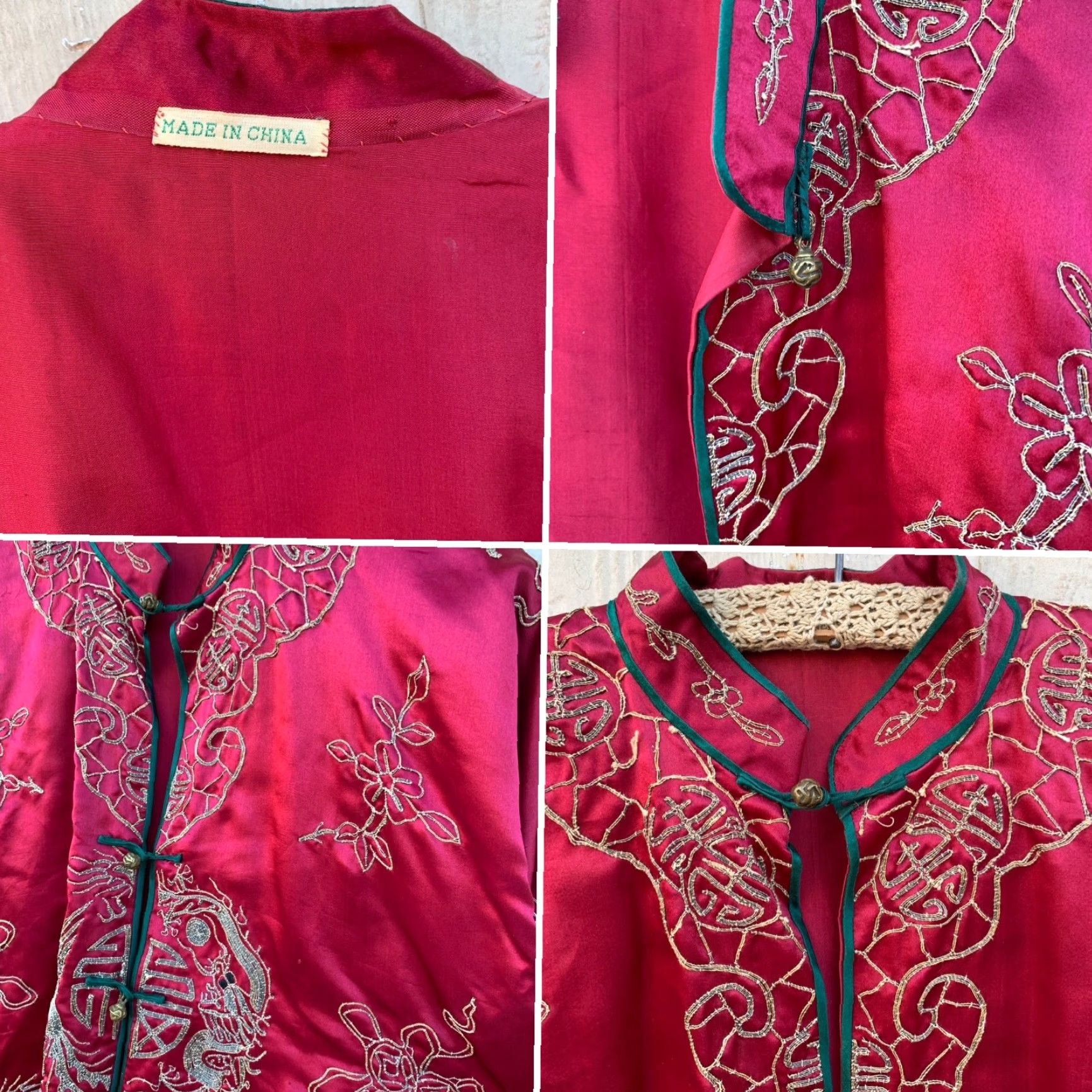 Vintage Vtg Chinese Silk Embroidered Dragon Longevity Shou Jacket Robe Mandarin Collar Jacket/string? Size ONE SIZE - 5 Thumbnail