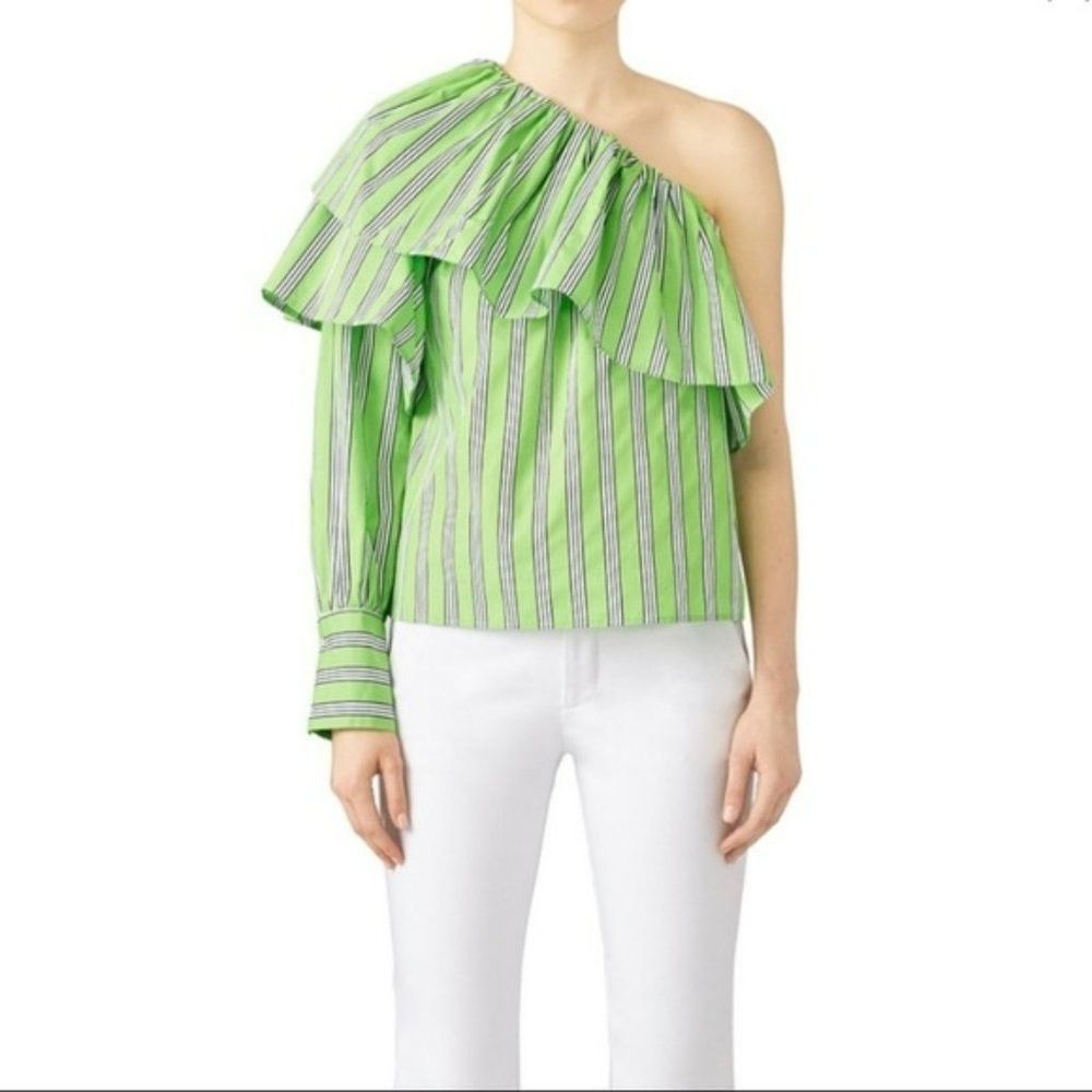 MSGM New MSGM Neon Striped Ruffle Cotton One Shoulder Top Blouse Size M / US 6-8 / IT 42-44 - 1 Thumbnail