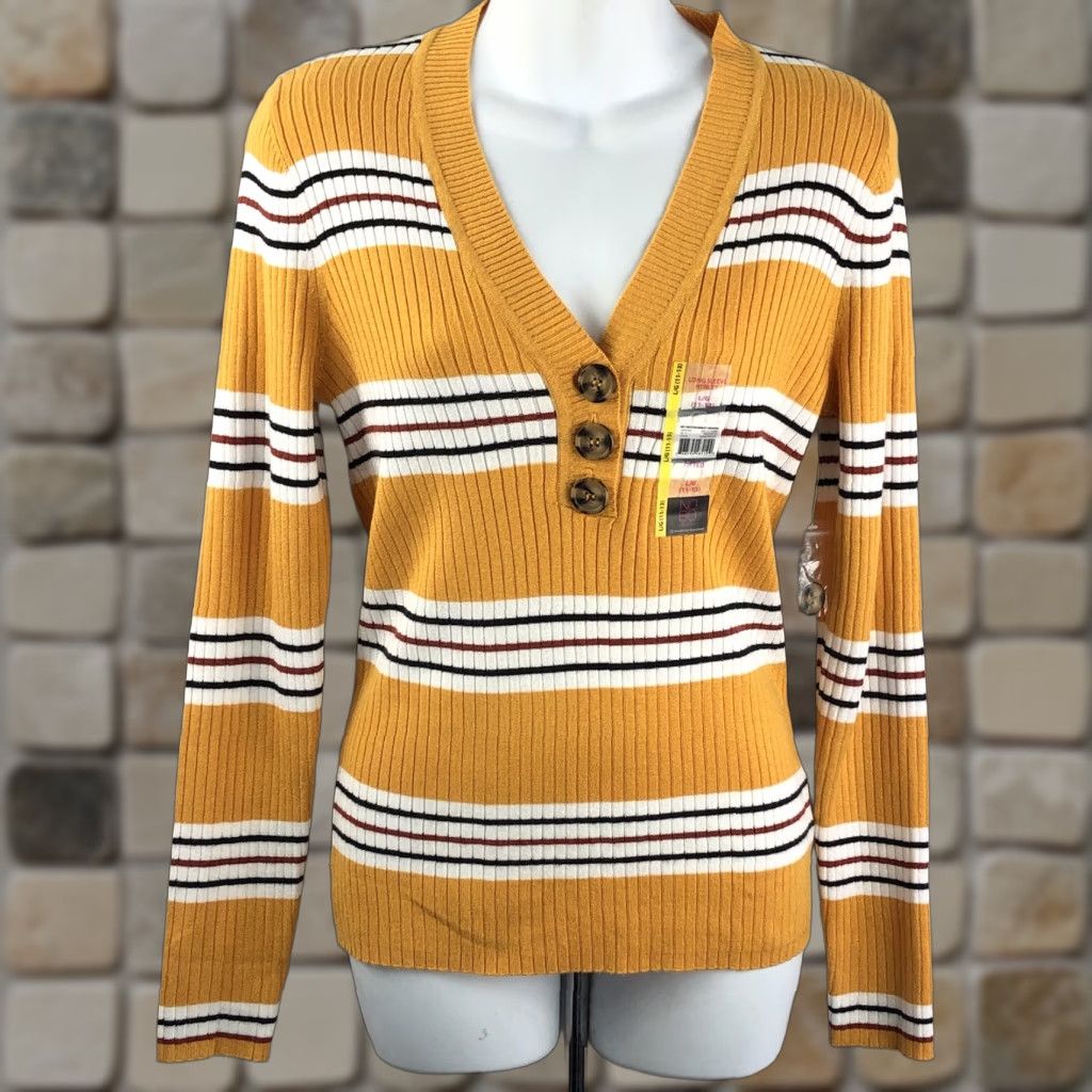 Vintage NWT Henley Sweater Top L Juniors Gold Stripe 3 Button V-Neck Long Sleeve Boho Preppy City College Grunge Hipster Womens Size L / US 10 / IT 46 - 1 Thumbnail