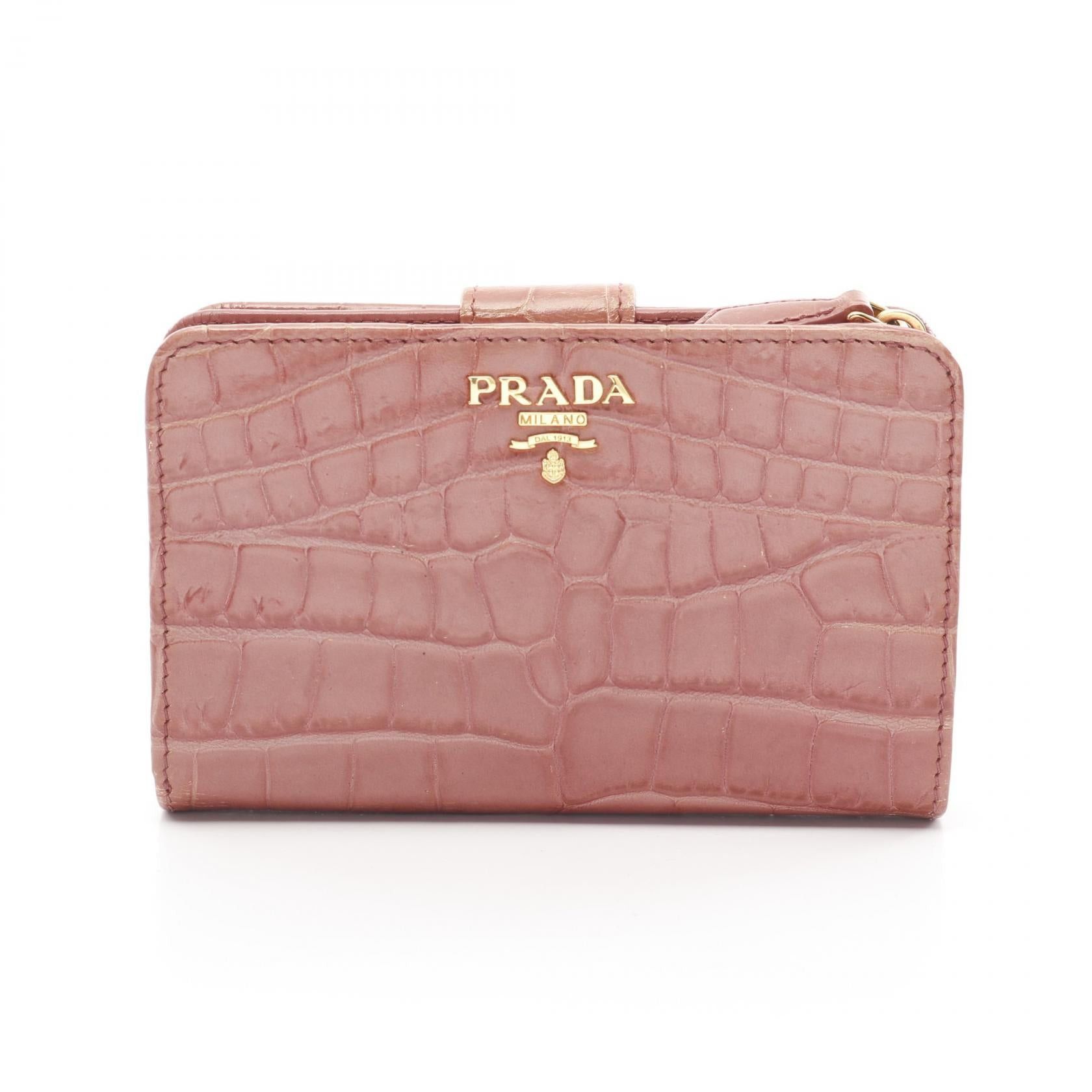 Prada St.Cocco Bi-Fold Wallet Croc Embossed Leather Pink Brown