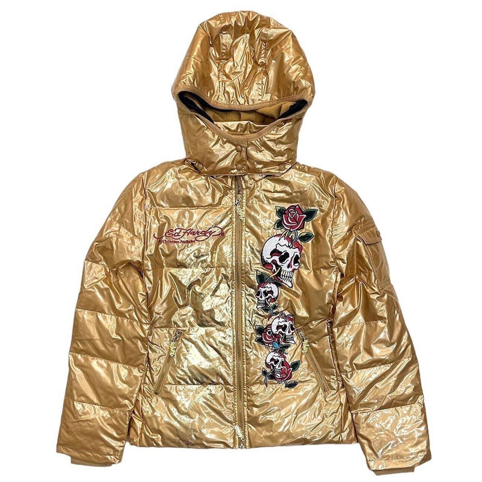 Ed Hardy Ed Hardy by Christian Audigier Women's Gold Puffer Jacket Size M / US 6-8 / IT 42-44 - 6 Thumbnail