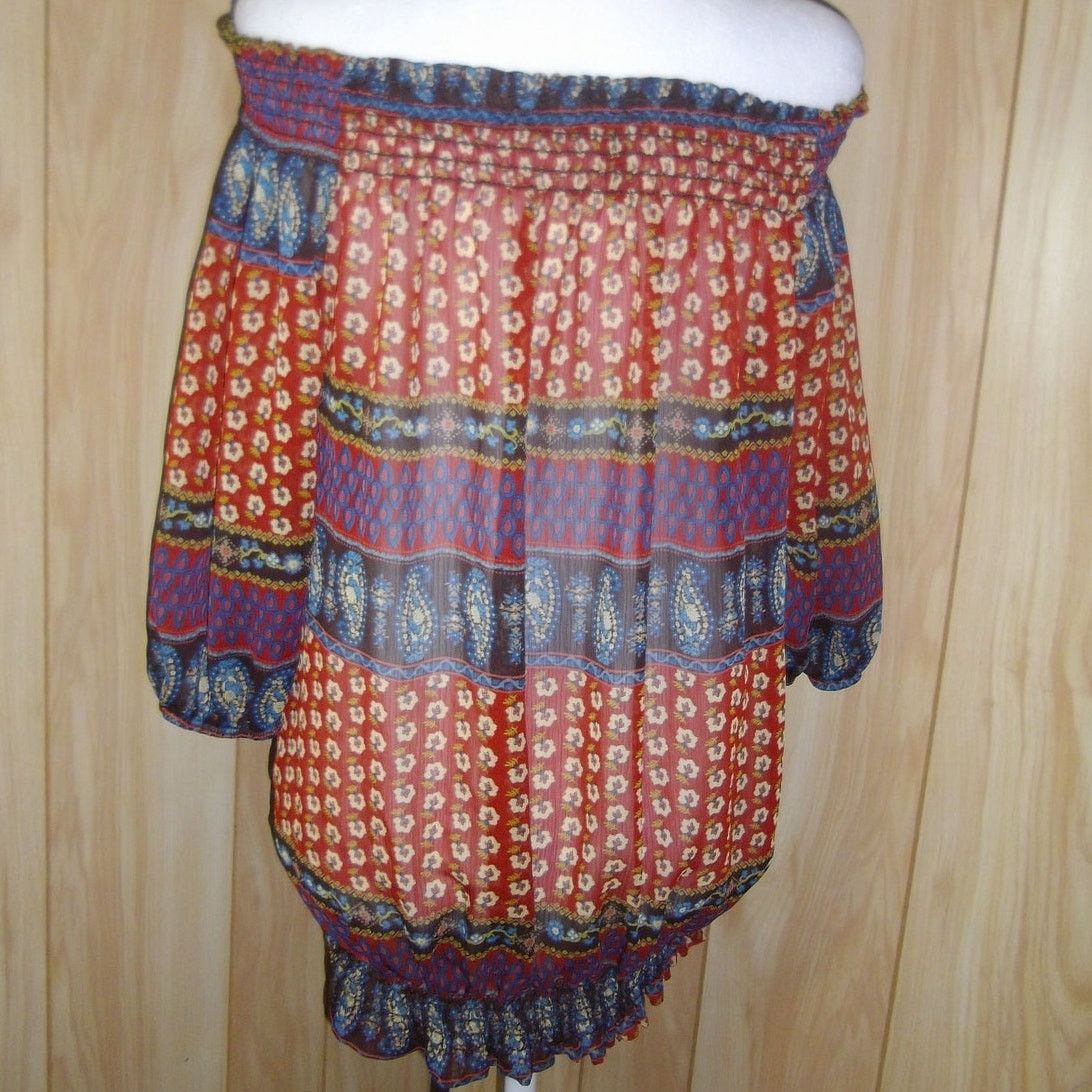 Other B.tru Red & Blue Ruffled Off the Shoulder 3/4 Sleeve Top L Size L / US 10 / IT 46 - 2 Thumbnail