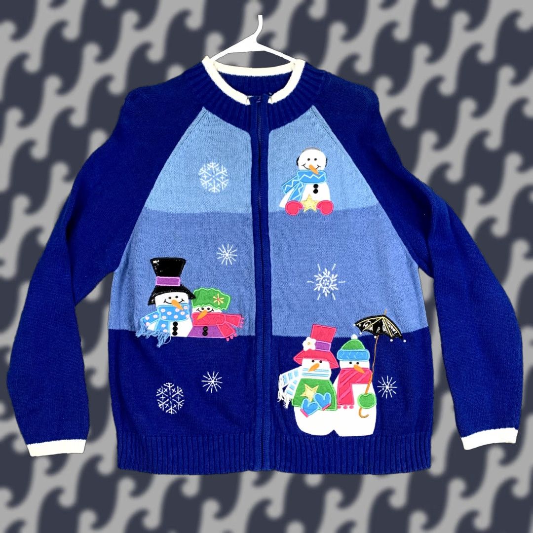 Vintage Tiara International Christmas Sweater Womens XL Blue Snowman Winter Wonderland Full Zip Knit Maternity? Size XL / US 12-14 / IT 48-50 - 1 Thumbnail