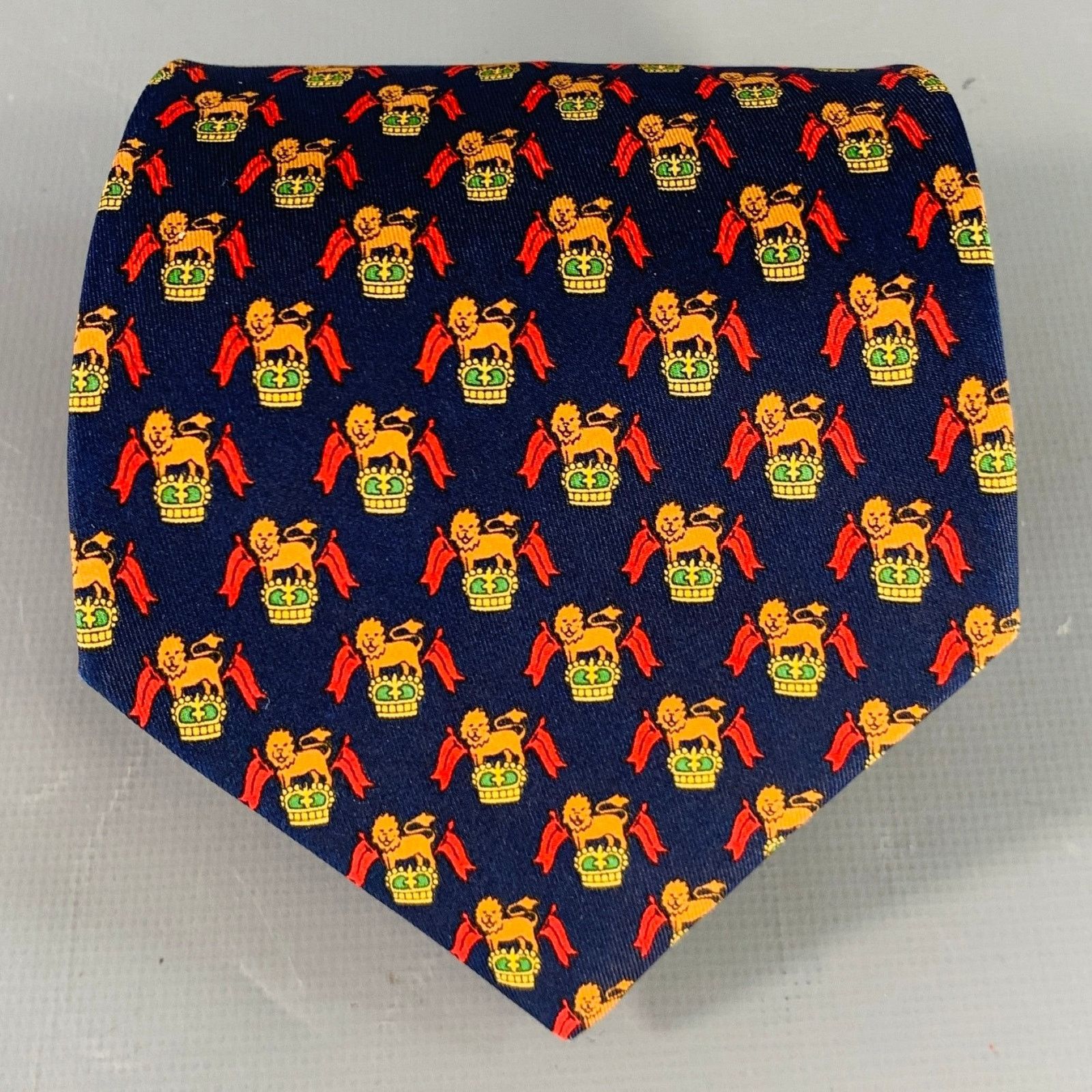 Salvatore Ferragamo SALVATORE FERRAGAMO Navy Red Orange Lion Crest Silk Tie Size ONE SIZE - 1 Thumbnail
