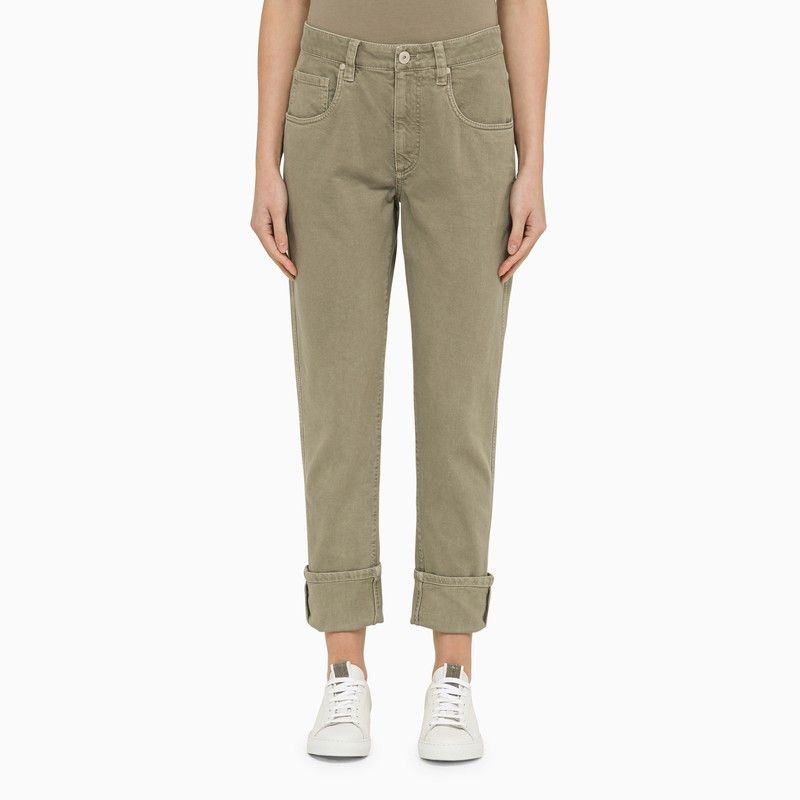 image of Brunello Cucinelli Safari Green Regular Cotton Trousers, Women's (Size 26)