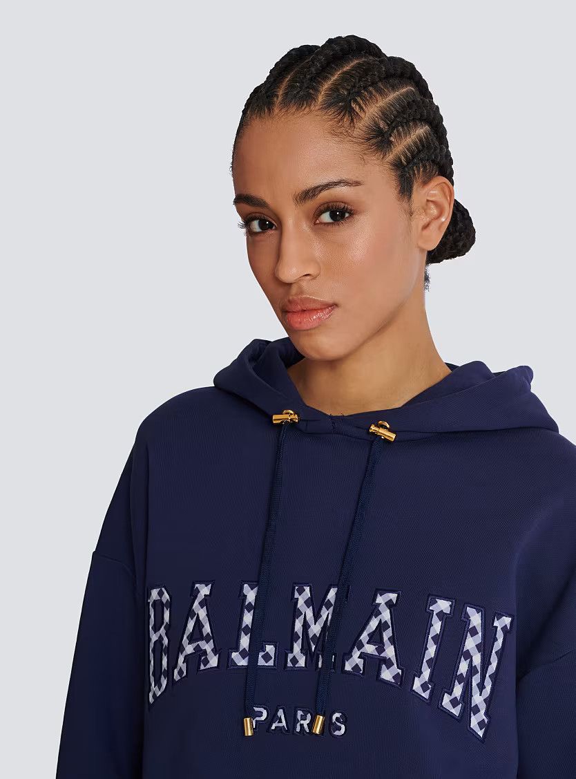 Balmain o1s1wg110825 Gingham Paris Hoodie in Navy Blue Size L / US 10 / IT 46 - 6 Thumbnail