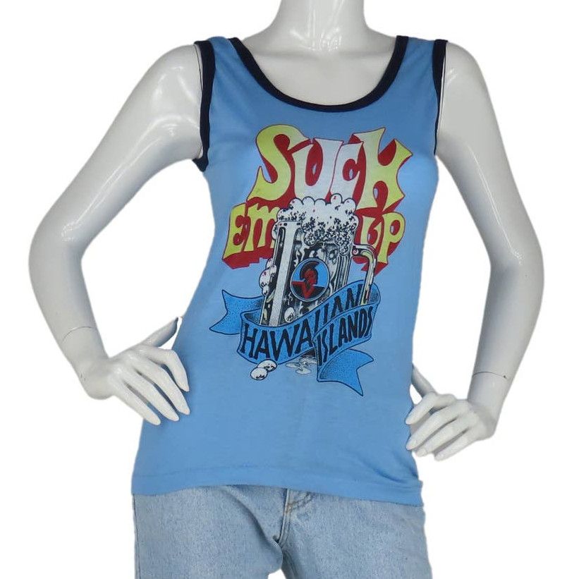 image of 80's Vintage Suck Em Up Hawaiian Island Beer Tee T Shirt in Blue, Women's (Size XS)