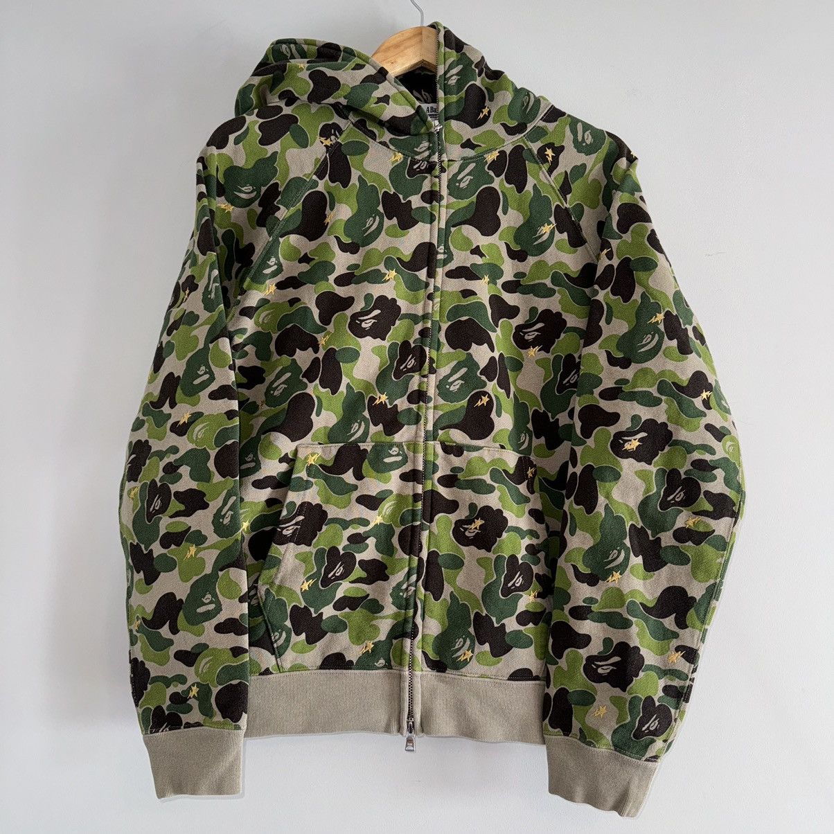 image of Og Bapexclusive Gold Star Green Camo Full Zip Up Hoodie in Gold Green, Men's (Size Medium)