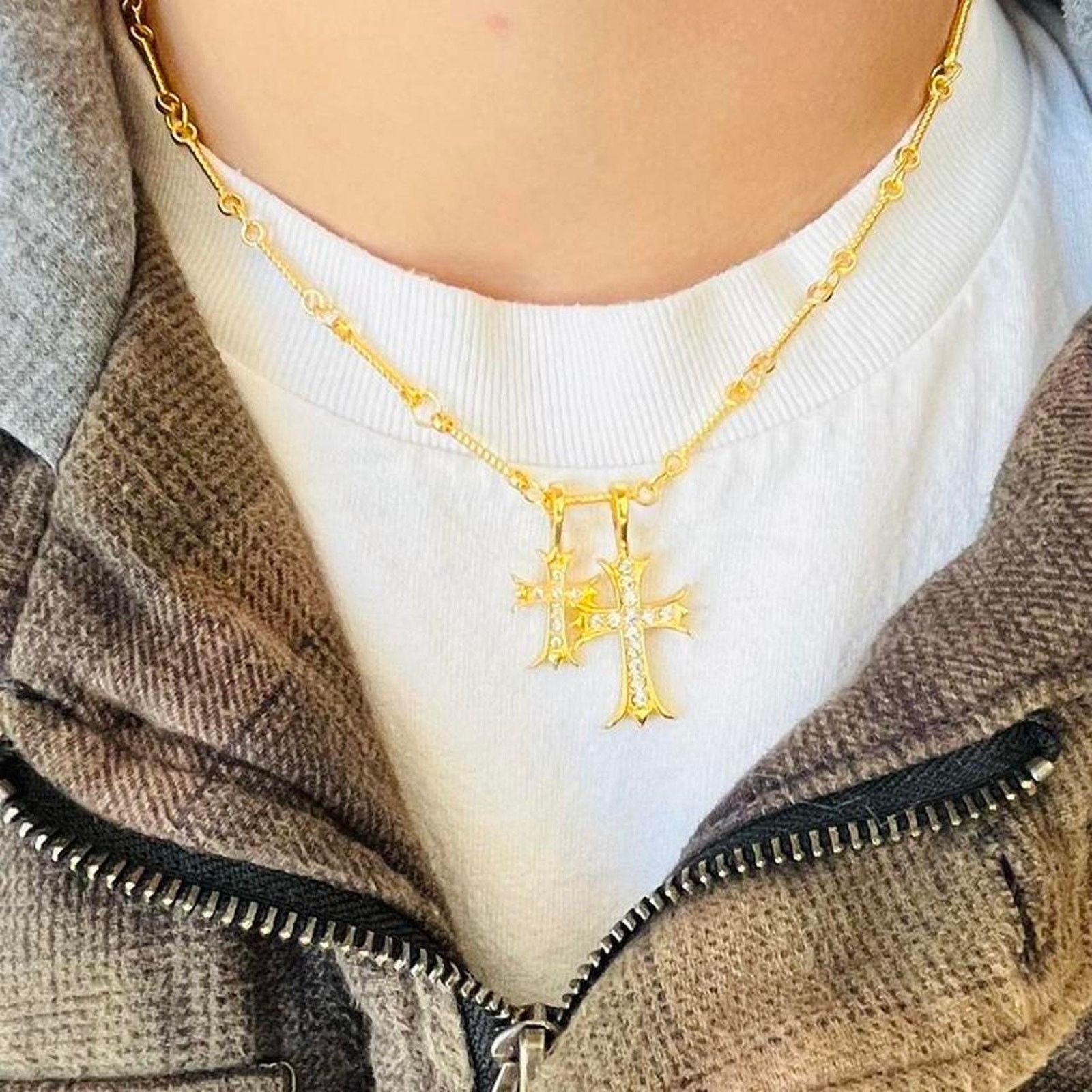 Farah Vintage y2k style Double cross gold Necklace. Rhinestone Size ONE SIZE - 7 Thumbnail