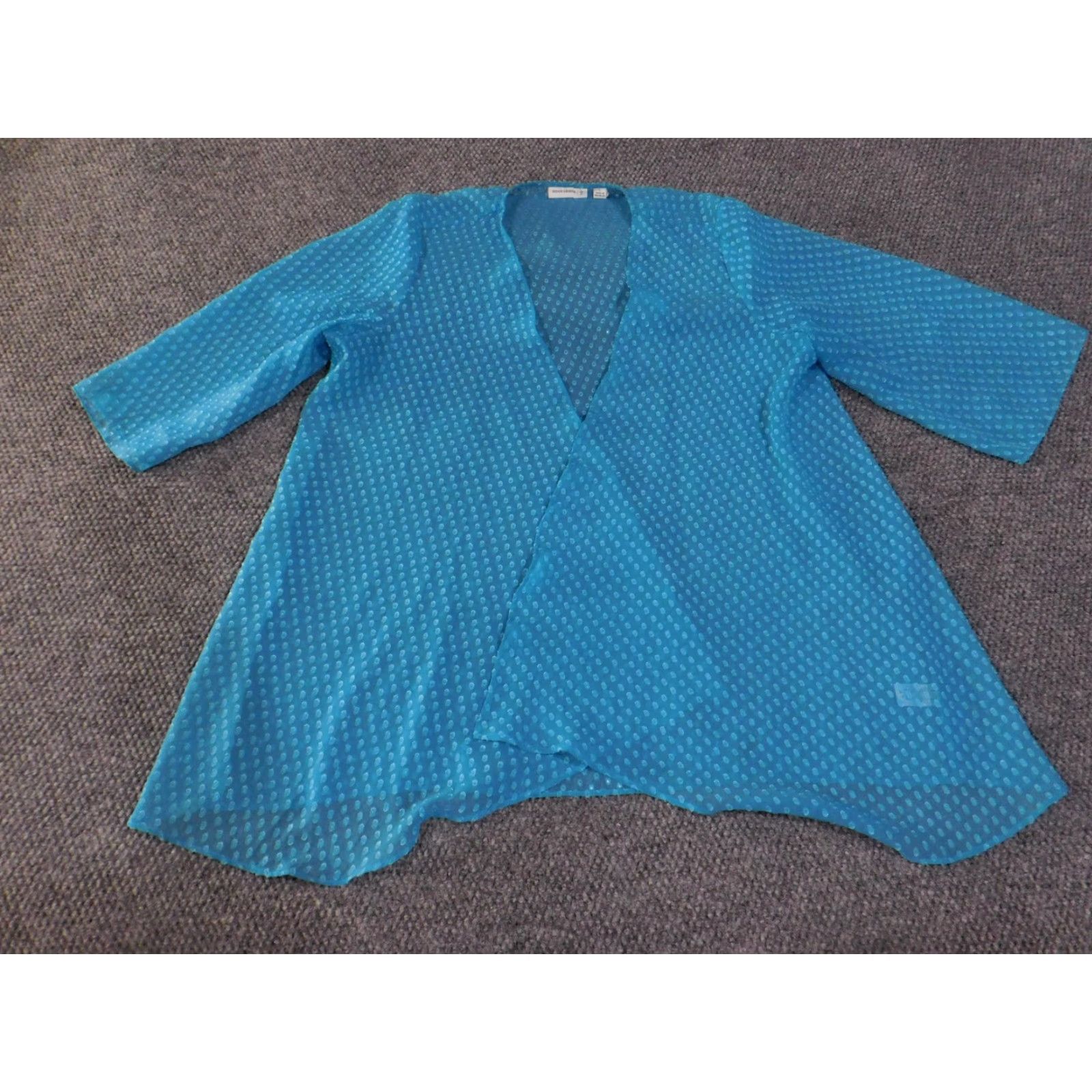 Vintage Susan Graver Blouse Kimono Cardigan Womens L Blue 3/4 Sleeve Sheer Open Front Topper Polka Dot Lightweight Open Front Size L / US 10 / IT 46 - 2 Thumbnail