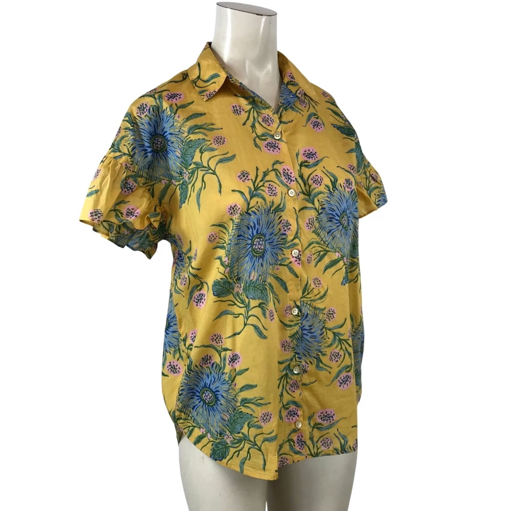 Madewell MADEWELL Women XS Yellow Floral Short Sleeve Collared Cotton Top Shirt Size XS / US 0-2 / IT 36-38 - 2 Thumbnail
