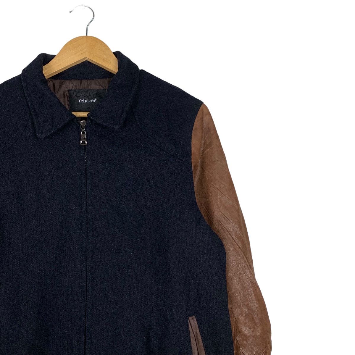 Japanese Brand REHACER Sheepskin Sleeve Navy Wool Bomber Jacket #1031-C46 Size US M / EU 48-50 / 2 - 5 Thumbnail