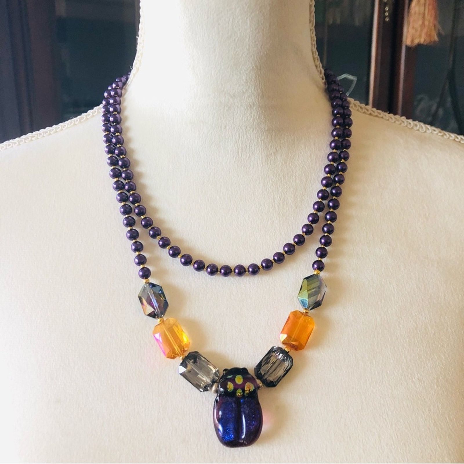 Handmade Handcrafted double strand Pearl scarab pendant necklace Size ONE SIZE - 2 Thumbnail