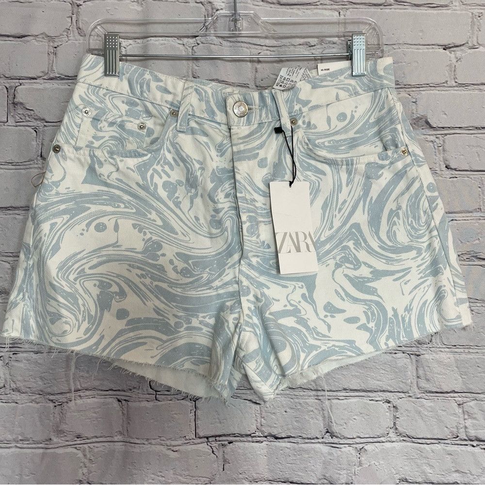 Zara NWT New Zara White Blue High Rise Shorts Size 8 Size 30" / US 8 / IT 44 - 1 Thumbnail