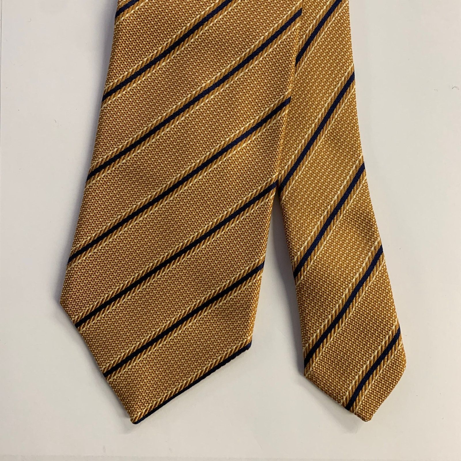 Ermenegildo Zegna ERMENEGILDO ZEGNA Gold Navy Diagonal Stripe Silk Tie Size ONE SIZE - 1 Thumbnail